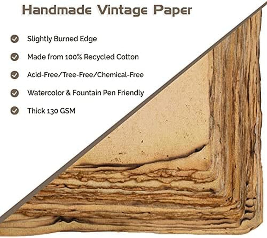 Handmade Antique Blank Paper with Slightly Burned Paper Edge - 8.3 X 5.8 - A5 Package of 50 for Writers, Invitations, Crafts - Thick 150 GSM Recycled Paper
