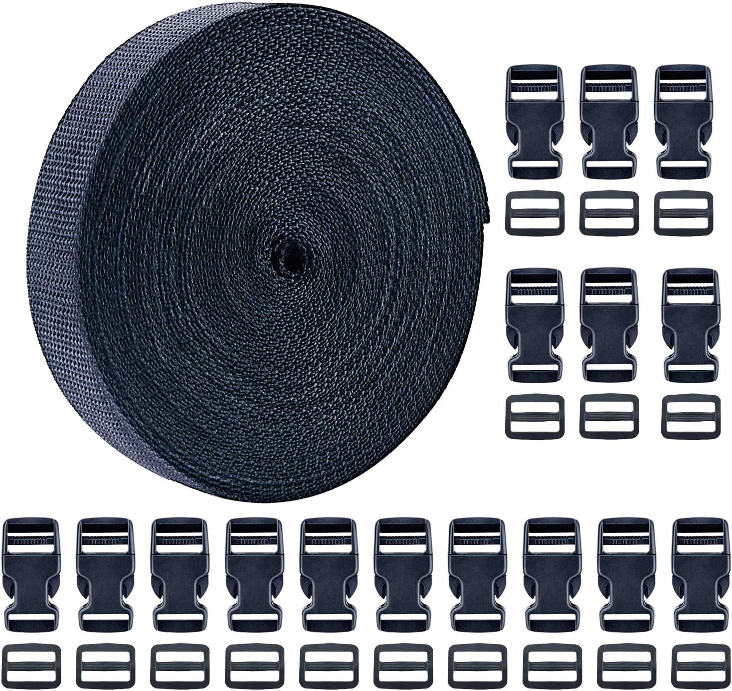 1 Inch 16 Yards Polypropylene Webbing Strap Band with 16 Set 1Inch Side Release Plastic Buckles, Black