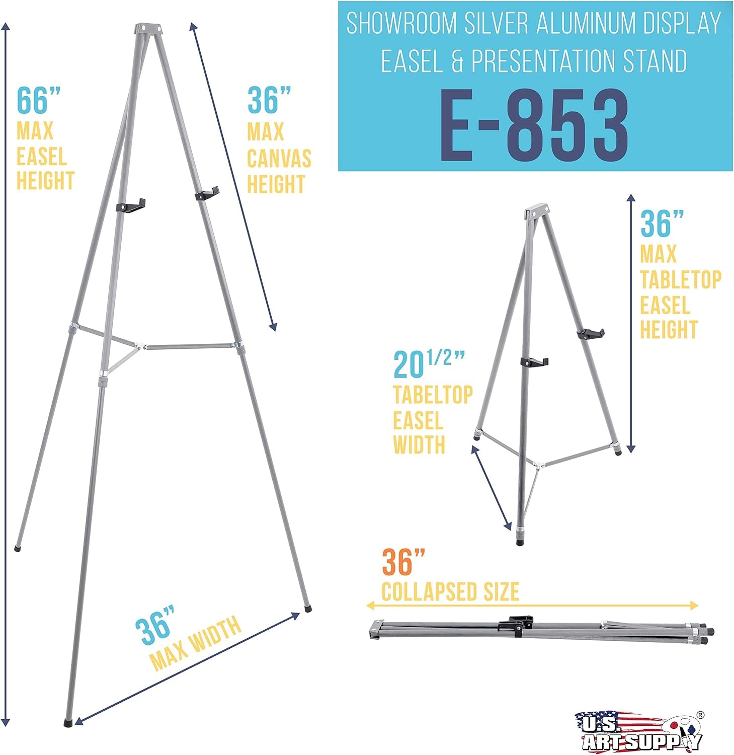 66" High Gallery Silver Aluminum Display Easel and Presentation Stand - Large Adjustable Height Portable Tripod, Holds 25 Lbs - Floor and Tabletop, Display Paintings, Signs, Posters