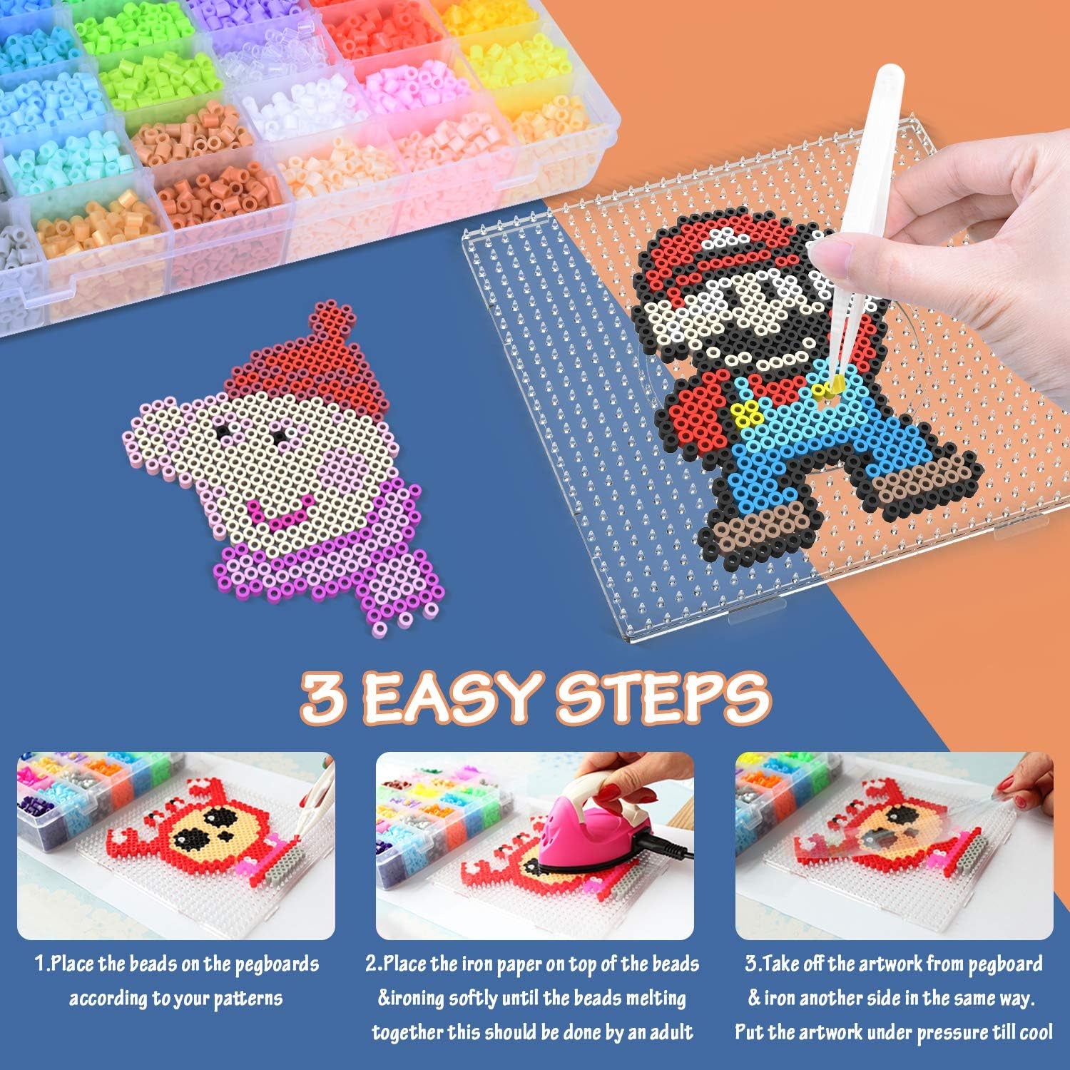 10000, 36 Colors Fuse Beads Kit 5Mm DIY Art Craft Toys for Kids with 4 Pegboards, 60 30 Pattern Paper| B, 10000Pcs
