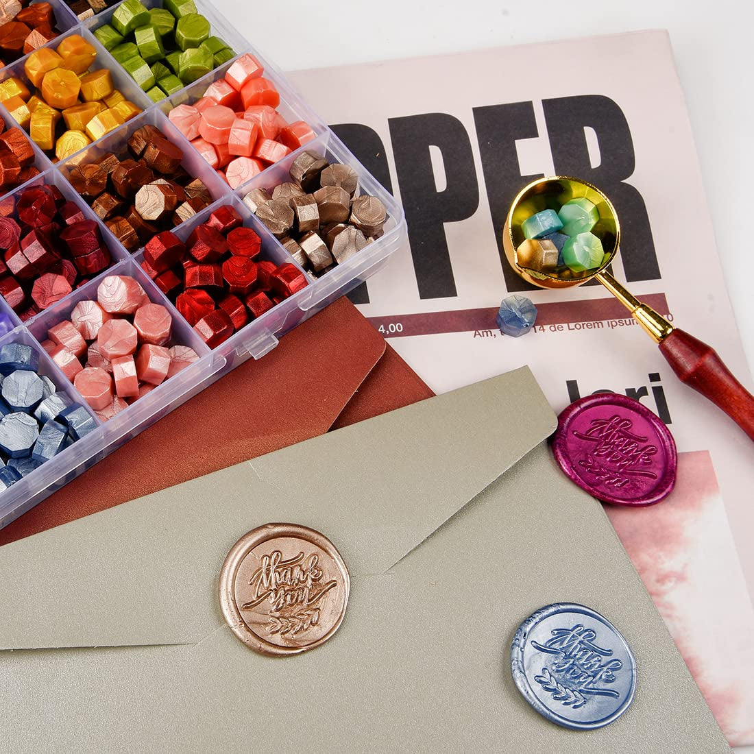 Wax Seal Kit - 24 Colors Sealing Wax Beads/Thank You Wax Stamp/Melting Tool - Making Wax Seals for Envelope Wedding Invitation and Gift Wrapping - Metallic Assorted Color