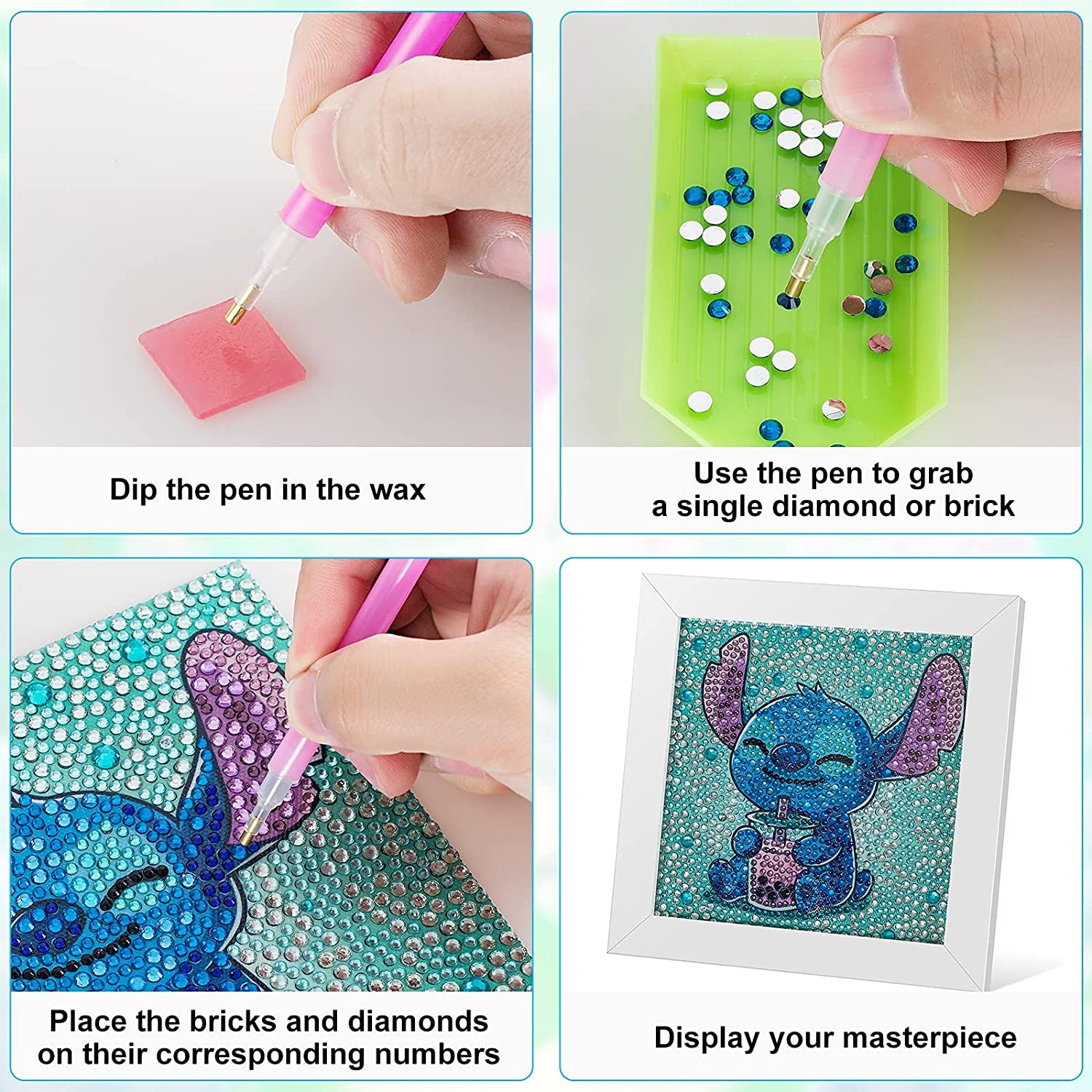 5D Diamond Painting Kit for Kids with Wooden Frame Easy Small Anime Diamond Painting Full Drill Diamond Art Gem Painting for Beginners 7X7 Inch (Stitch)