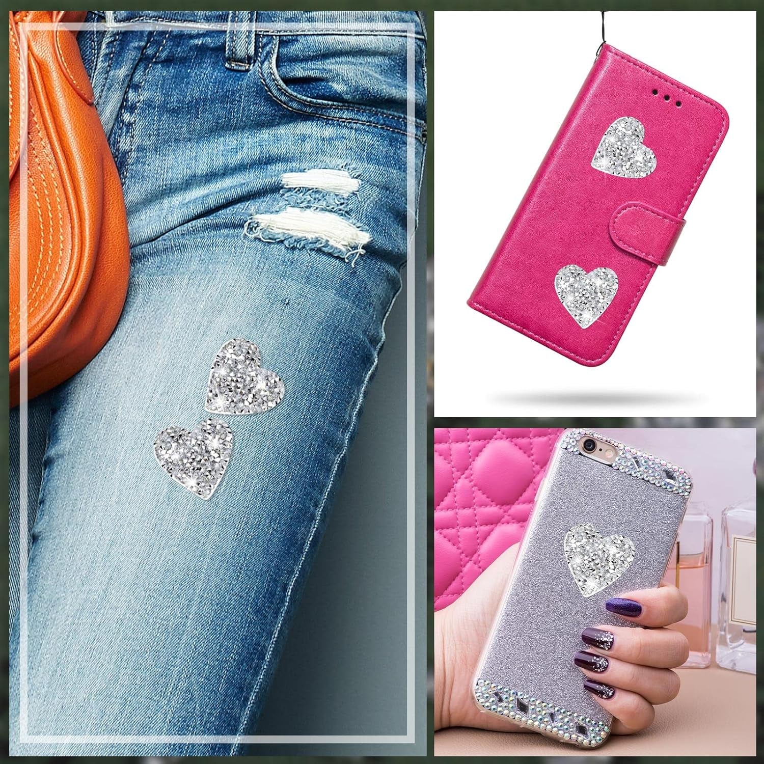 24 Pieces Star Patches Rhinestone Patches Heart Shape Diamond Appliques Adhesive Applique Glitter Repair Patch for DIY Crafts Clothes Bag Pants Wedding Decoration (Heart,Silver)