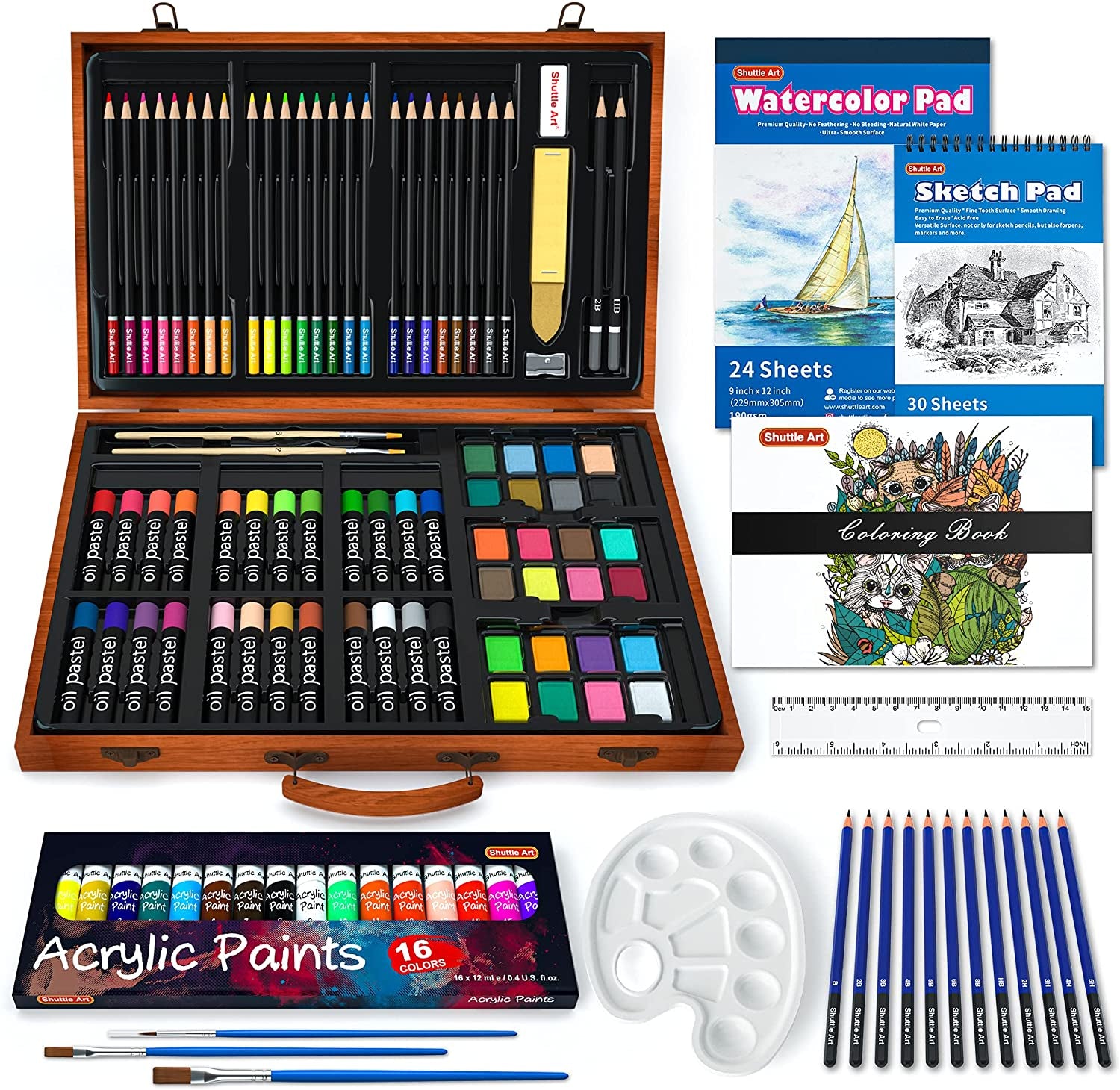 118 Piece Deluxe Art Set, Art Supplies in Wooden Case, Painting Drawing Art Kit with Acrylic Paint Pencils Oil Pastels Watercolor Cakes Coloring Book Watercolor Sketch Pad for Kids Adults