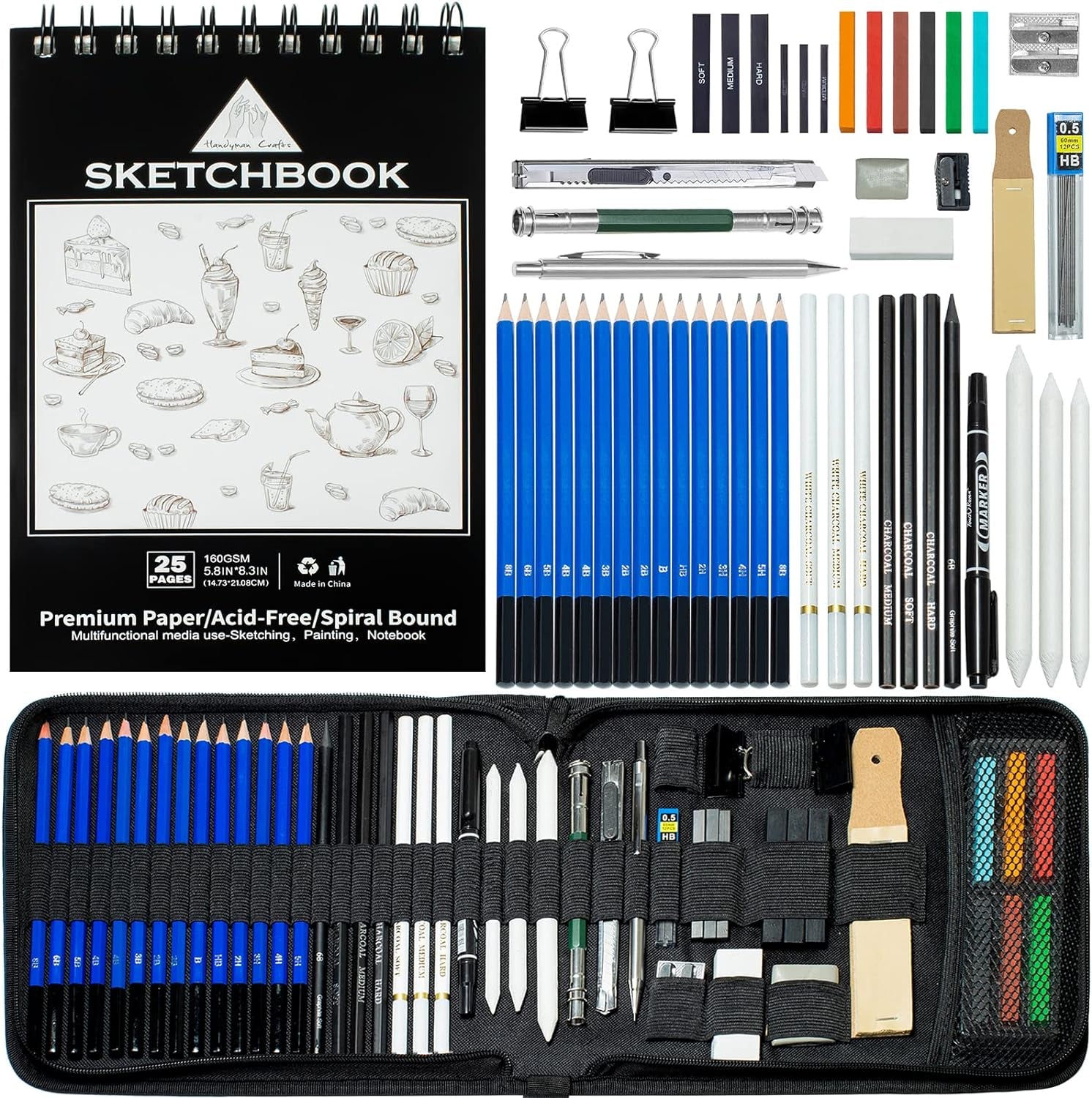 50Pcs Sketching Drawing Pencils Set Art Supplies | Sketch Pencils,Graphite,Charcoal,Sketch Book,Drawing Supplies | in Black Zipper Case | for Adults,Teeage, Kids 9-12