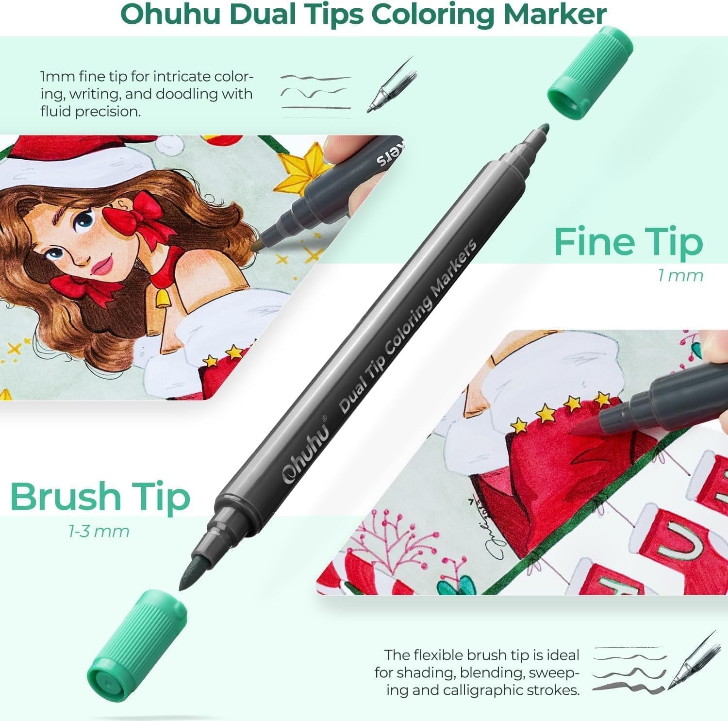 Markers Brush Tip 48-Colors with 36-Sheet Coloring Book - Double Tipped Markers for Adults Coloring Books - Art Marker Set Bundles with 100% Bleed-Proof Coloring Pages - Fine & Brush Dual Tips