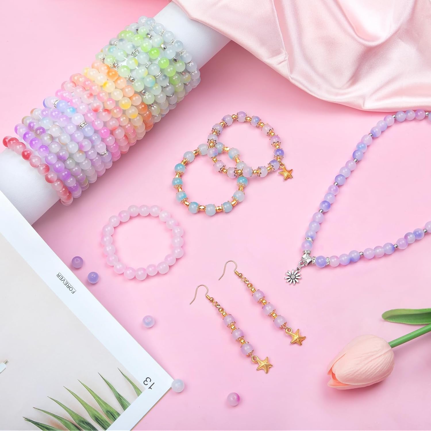 700Pcs Glass Beads for Jewelry Making, 24 Color 8Mm Glass Crystal Beads Friendship Bracelets Making Kit for DIY Earrings Necklaces Rings