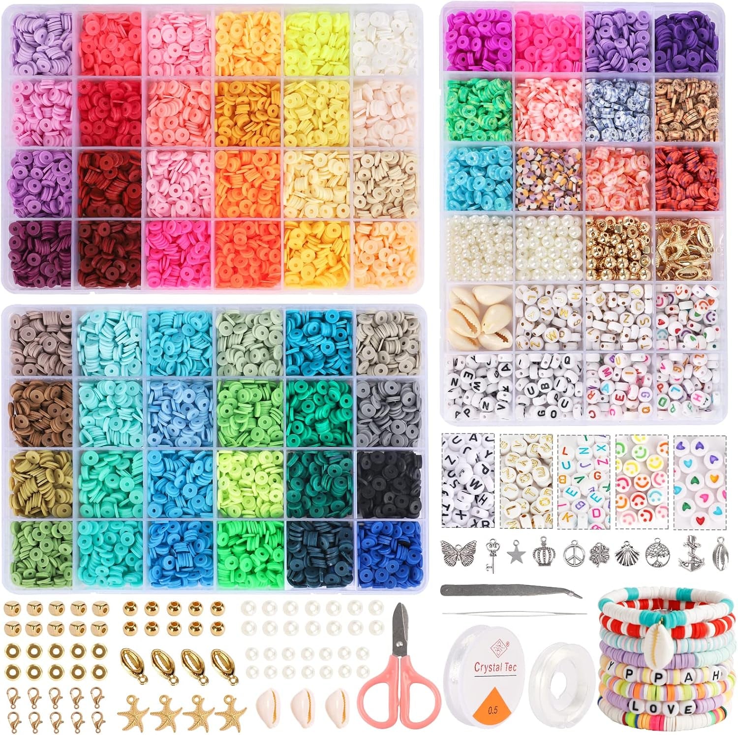 12000Pcs Clay Beads for Bracelet Making, 56 Colors Flat round Polymer Clay Beads Spacer Heishi Beads for Jewelry Making with Trendy Beads, Pendant Charms Kit, Letter Beads and Elastic Strings