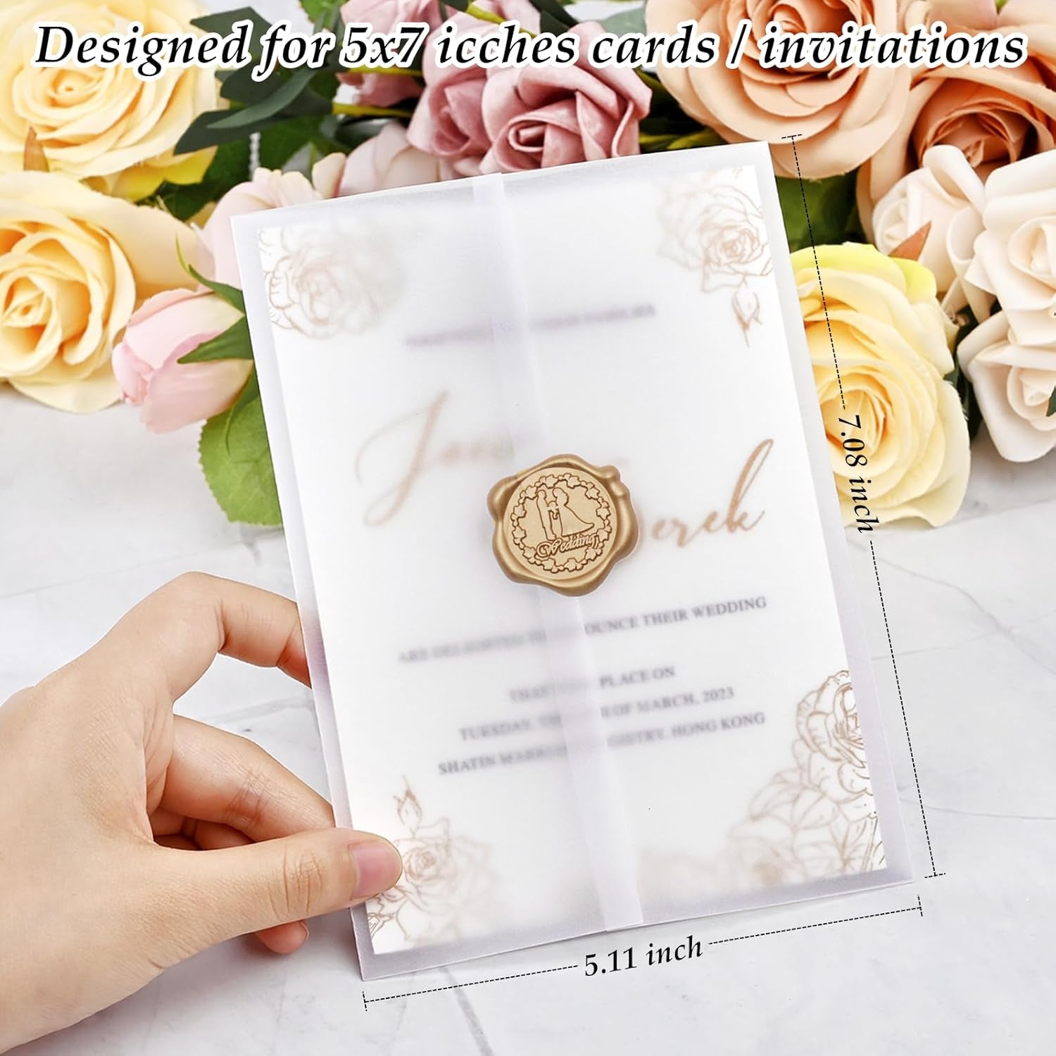 50 Pack Luxury Pre-Folded Vellum Jackets for 5X7 Invitations, Semi-Clear 115GSM Vellum Paper 5X7 Jackets for Wedding Invitations Wraps