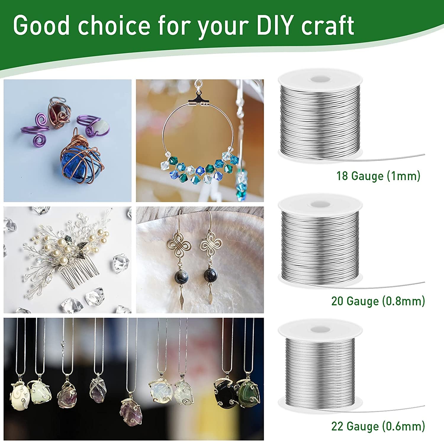 3 Rolls 18/20/22 Gauge Craft Wire for Jewelry Making Aluminum Wire with Ring Sizer Pliers for Jewelry Making(Silver)