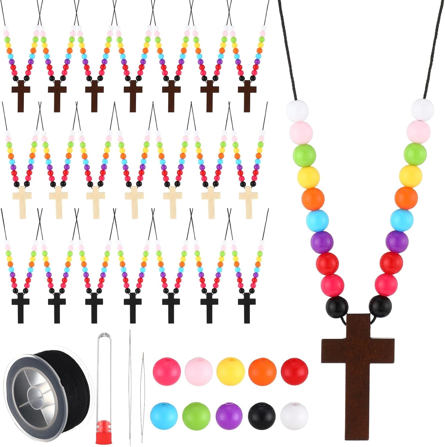 48 Sets DIY Religious Crafts Wood Cross on Cord Wood Cross Pendant Necklace Bracelet with Colorful Assorted Beads Wooden Crosses Crafts