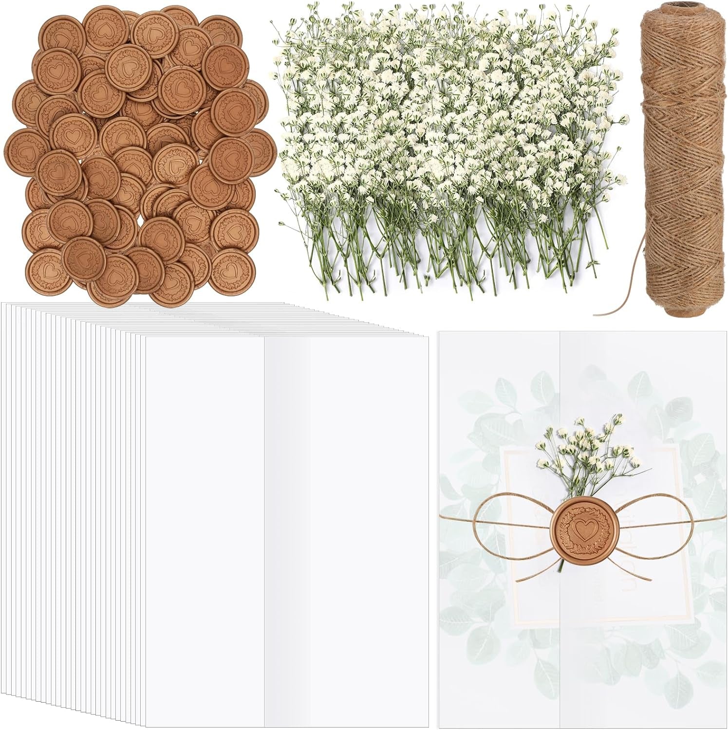 50 Sets Wedding Invitations Wraps Set Include Pre Folded Vellum Jackets for 5 X 7 Inch Invitations Mini Dried Flowers Gold Wax Seal Stickers for Wedding Birthday Bridal Baby Shower Craft DIY