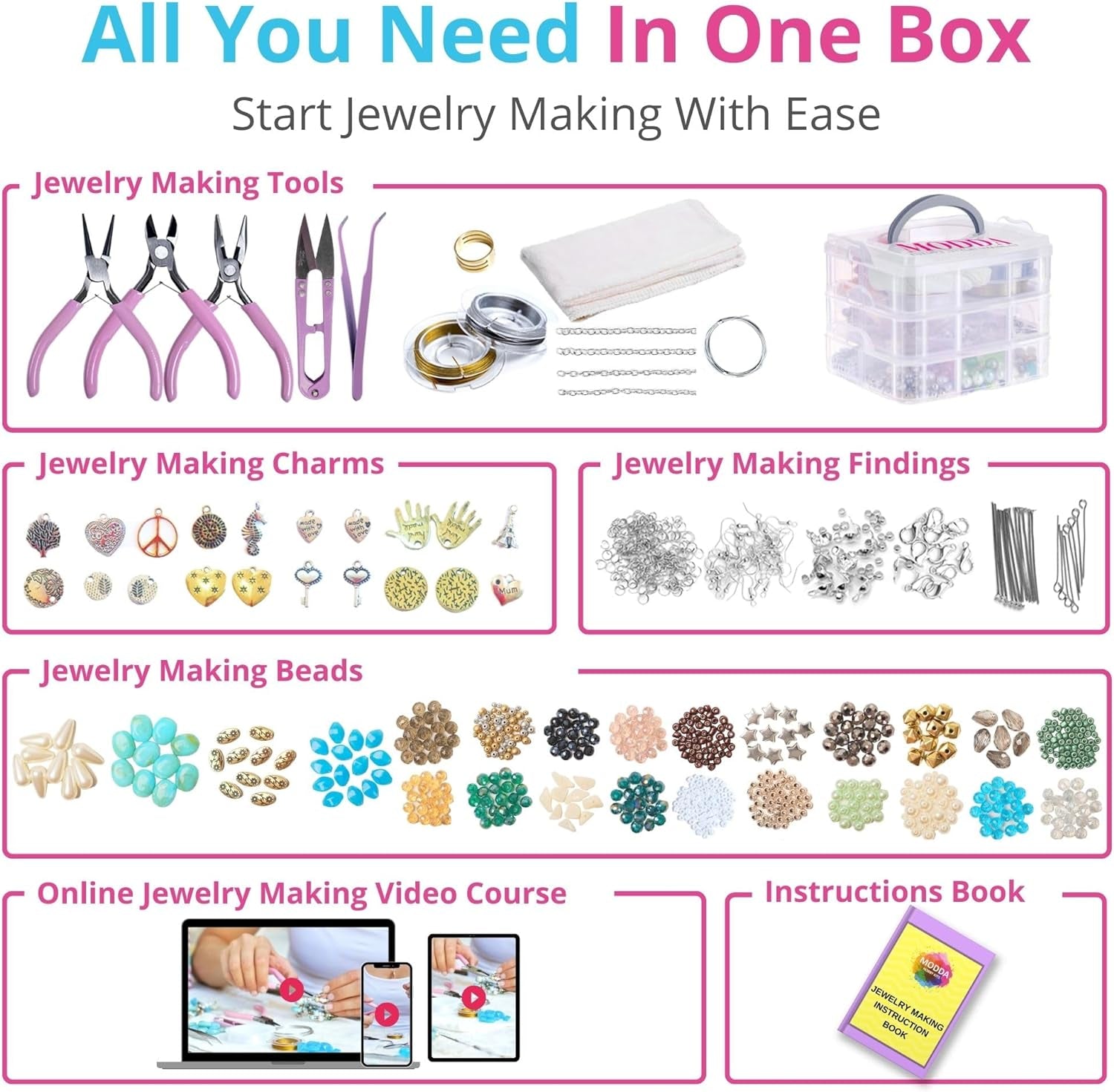 Deluxe Jewelry Making Kit with Video Course, Includes Instructions, Beads, Necklace, Bracelet, Earrings Making, Crafts for Adults, Beginners, Christmas Gift for Teens, Girls 13-15, Moms, Women