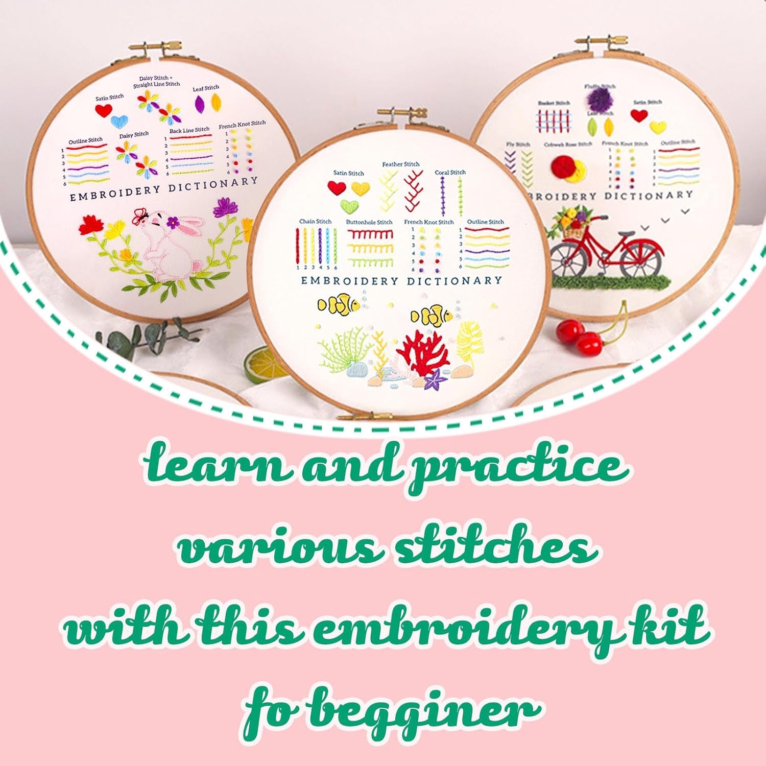 3 Sets Learn to Embroider Kit, Begginer Embroidery Kit for Adults, Embroidery Starter Kit with Patterns, Needles, Ajustable Hoop, Instructions