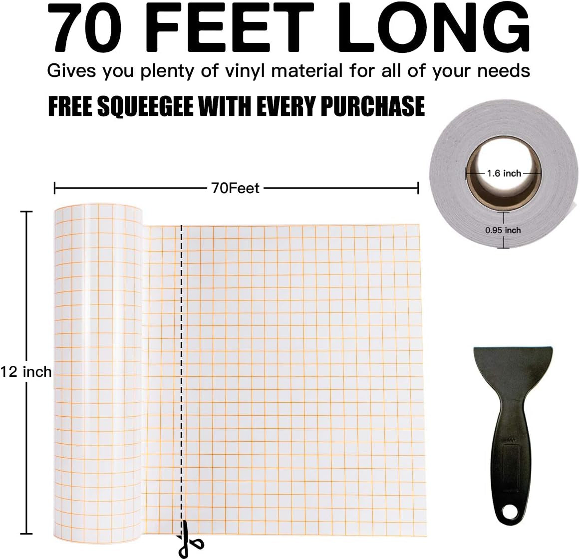 Transfer Tape for Vinyl - 12" X 70 FT W/Orange Alignment Grid for Adhesive Vinyl - Medium Tack Vinyl Transfer Tape for Cricut, Silhouette Cameo, Decals, Signs, Windows and Stickers