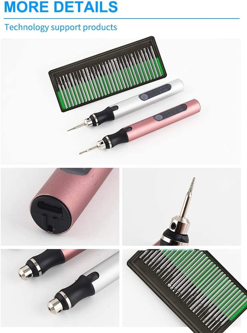 Rechargeable Cordless Electric Micro Engraver Pen Mini DIY Engraving Tool Kit for Metal Glass Ceramic Plastic Wood Jewelry with 30 Bits and 16 Stencils and 1 Scriber Pen (Silver)