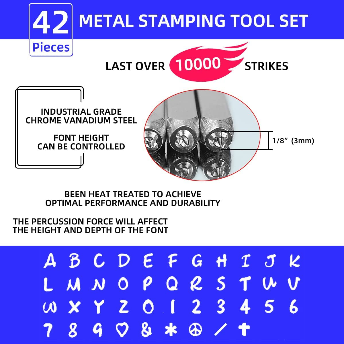 42PCS Metal Stamping Kit, Number and Letter Stamp Set (A-Z, 0-9 And&amp;,Love Symbol), Industrial Grade Hardened Carbon Steel, Perfect for Imprinting Metal, Wood,Leather (1/8", 3MM)