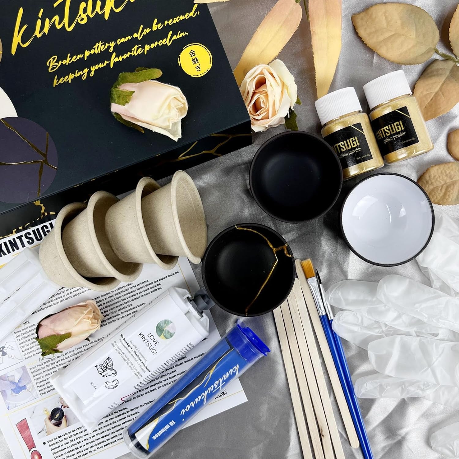 Kintsugi Repair Kit Food Safety, Japanese Gold Repair Kit, Bio Gold Glue for Ceramics and Porcelain Repair, Ceramic Repair Kit with Two Practice Cup Perfect for Beginners, Dishwasher Safety