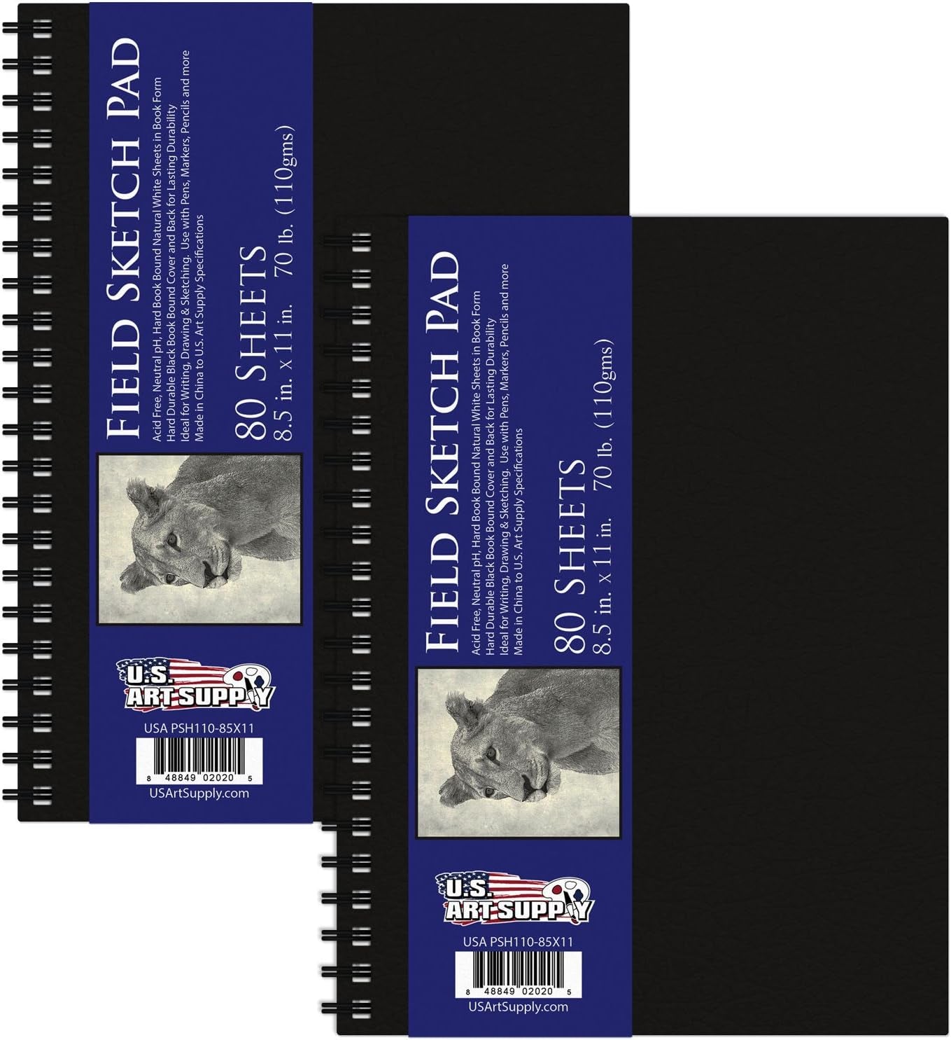 8.5" X 11" Premium Hardbound Sketch Book, Pack of 2, 80 Sheets Each, 70 Lb (110Gsm) - Hardcover Spiral Bound Artist Field Sketch Pad, Acid-Free Drawing Paper - Kids, Adults, Students