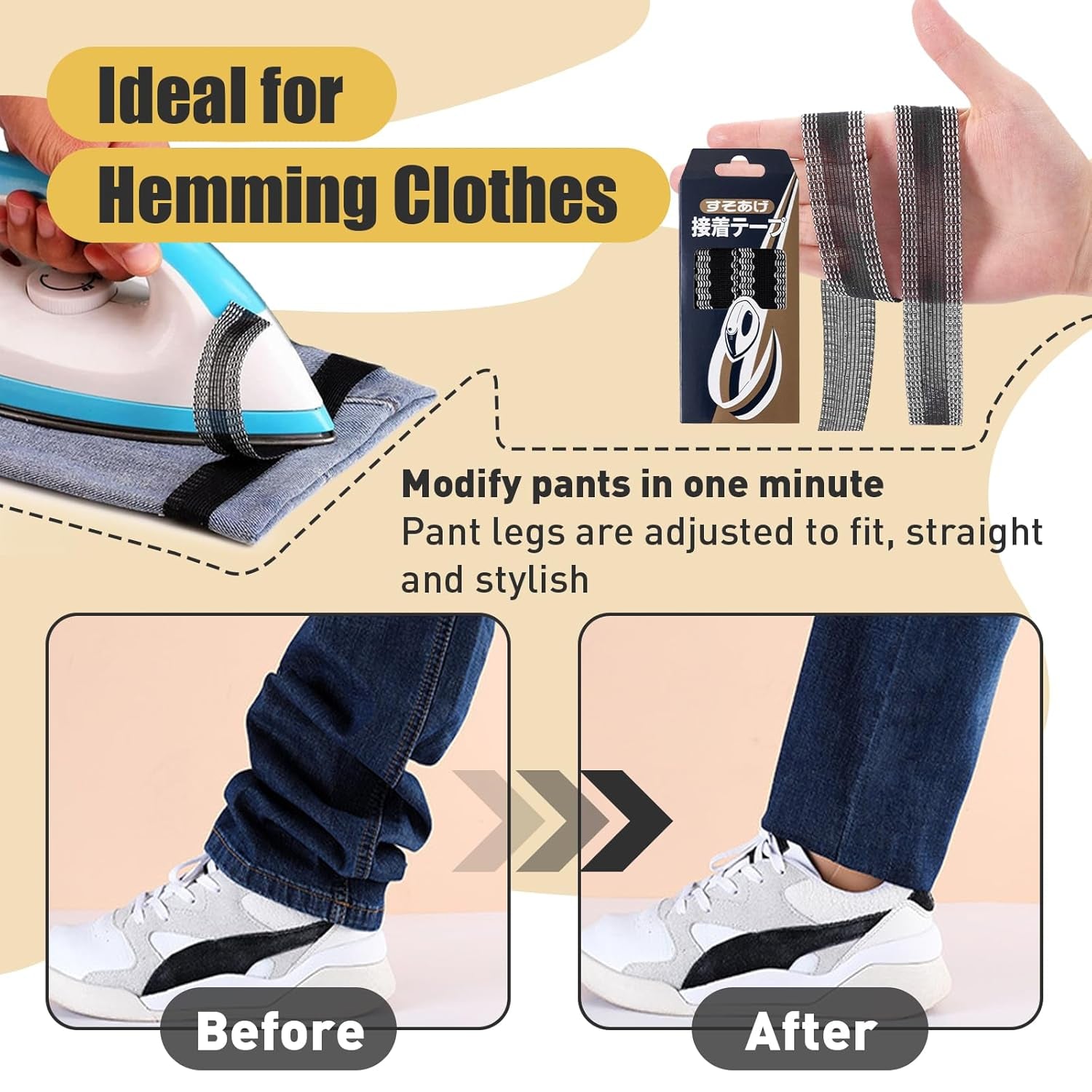 Hem Tape for Pants 2M (0.94Inch X 2.2Yds) Iron-On Instant Hem Tape, Permanent No Sew Hemming Tape, Washable Hem Adhesive Tape, Black Iron on Pants Shortening Tape, Hem Fabric Tape