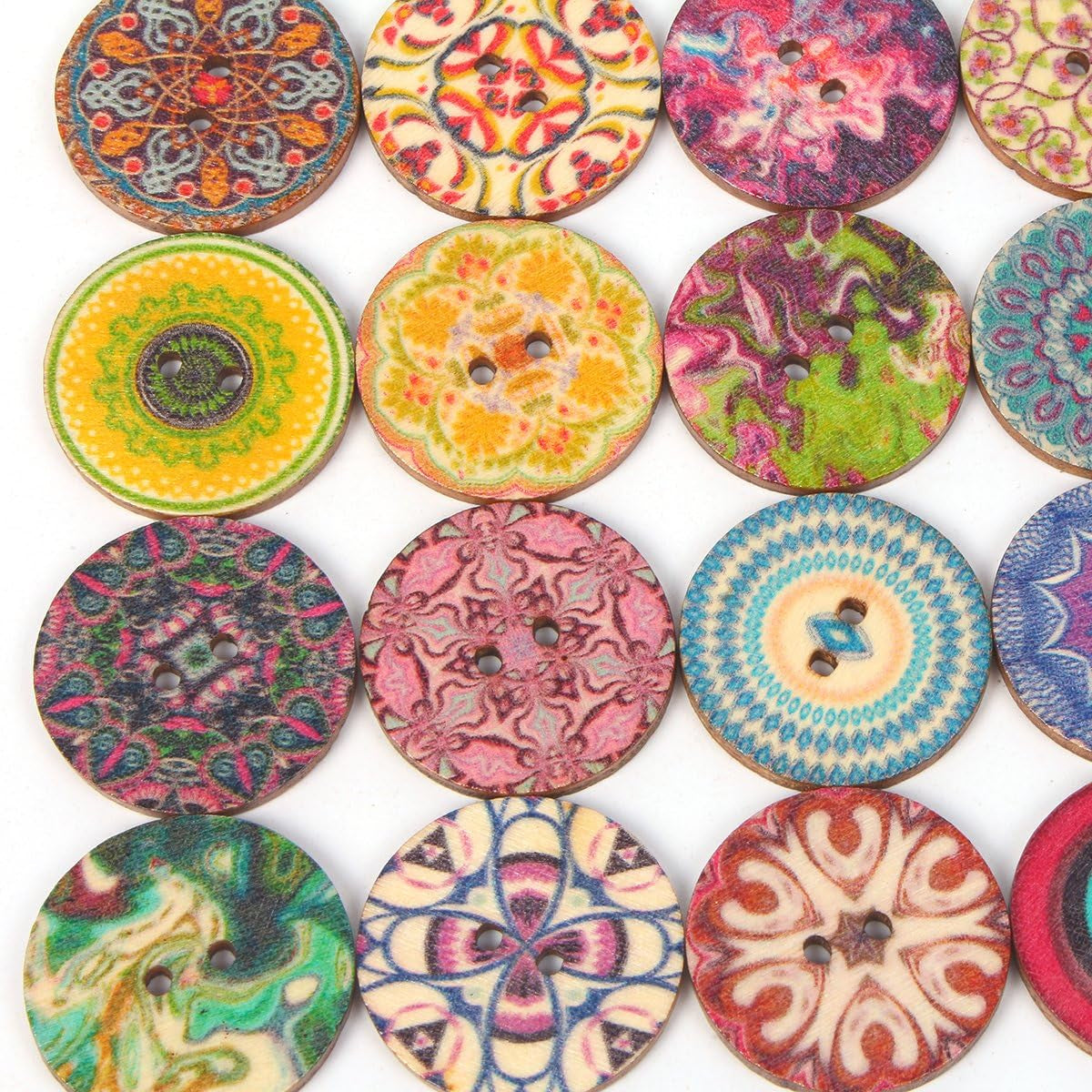 100Pcs Mixed Random Flower Painting round 2 Holes Wood Wooden Buttons for Sewing Crafting 20Mm