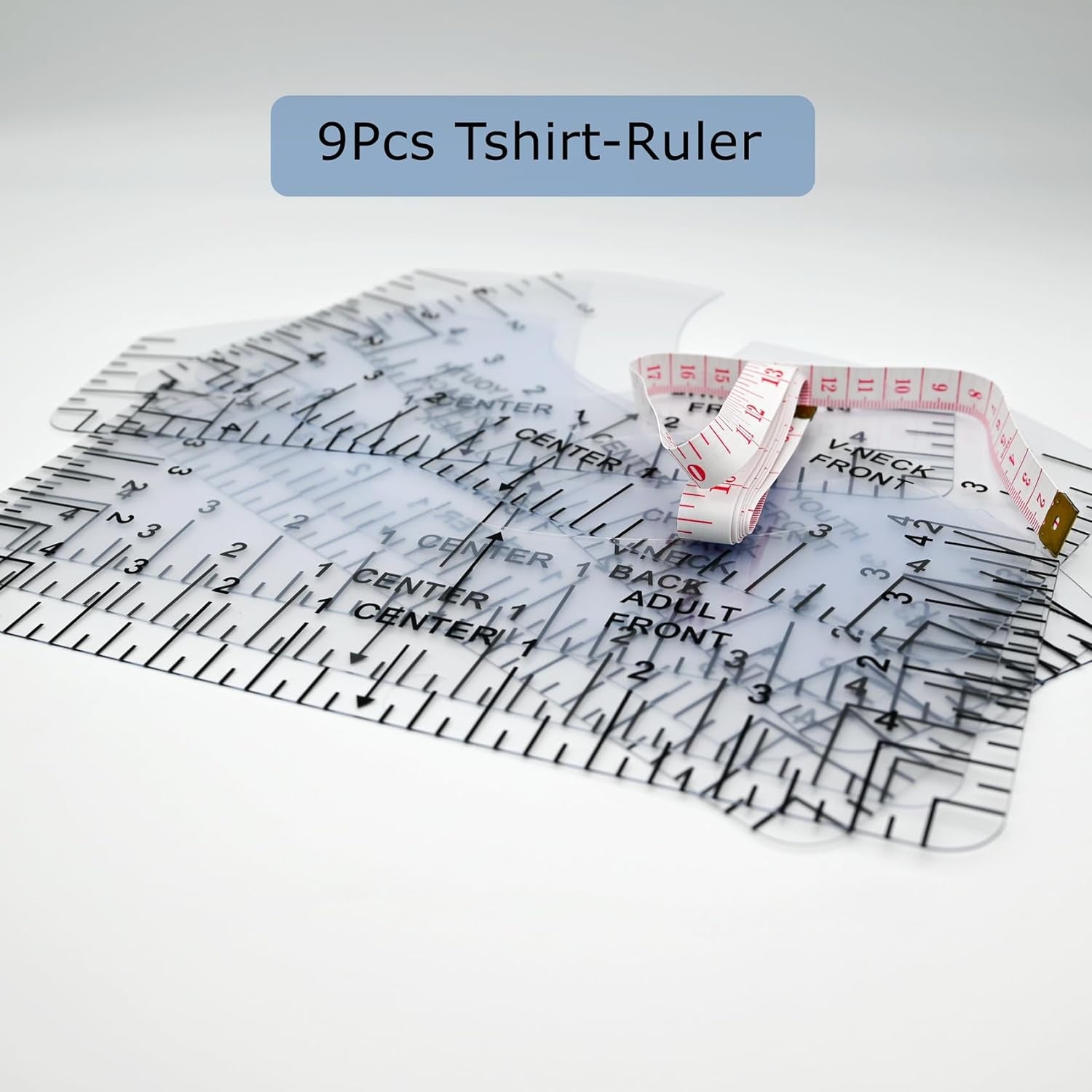 9Pcs Tshirt Ruler Guide to Center Vinyl, Transparent V-Neck/Round PVC Ruler for Alignment, Heat Press, Children Youth Adult