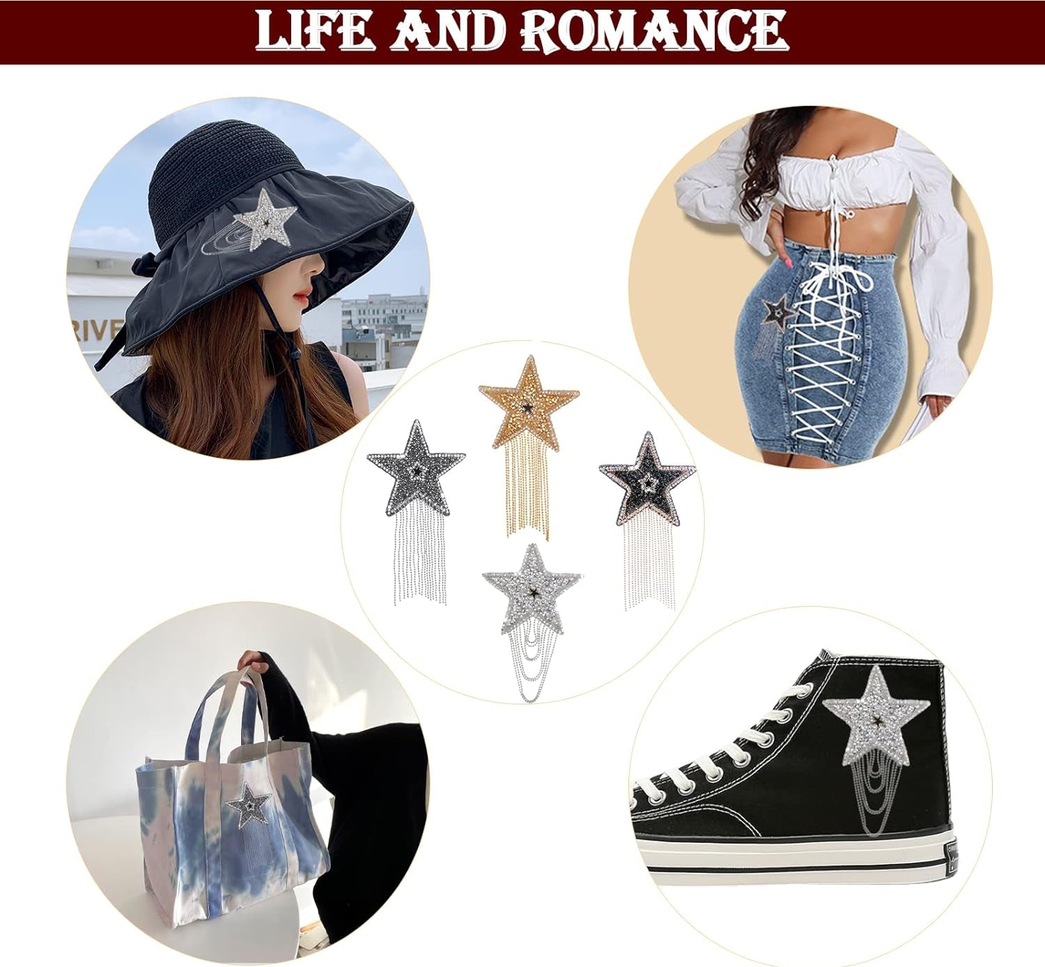 4Pcs 4 Mix Color Sparkling Rhinestone Five-Pointed Star Pattern Clothes Patches Iron on Fashion Appliques with Chains Tassel Badge DIY Repair Decorate Patch for Clothes Dress Jeans Hats Bags