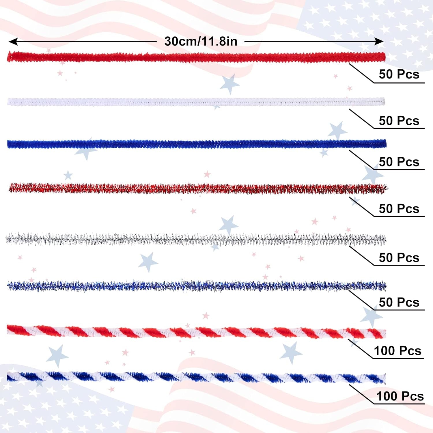 500Pcs Independence Day Pipe Cleaners Red White Blue Silver Colorful Pipe Cleaners Craft Supplies Glitter Chenille Stems for 4Th of July Patriotic Party DIY Art Craft Decorations