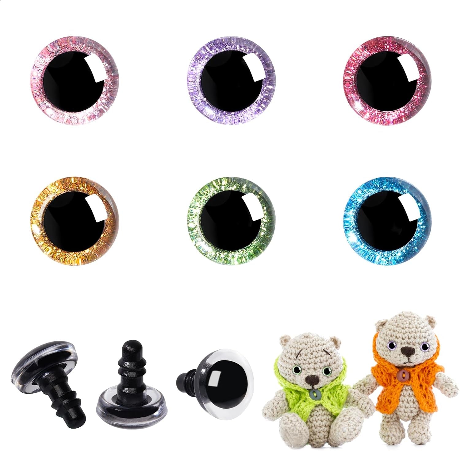 120Pcs 16Mm 3D Glitter Plastic Safety Eyes for Amigurumi Trapezoid Craft Crochet Doll Eyes with Washers Stuffed Animal Eyes for DIY of Puppet, Bear Plush Animal(6 Colors)
