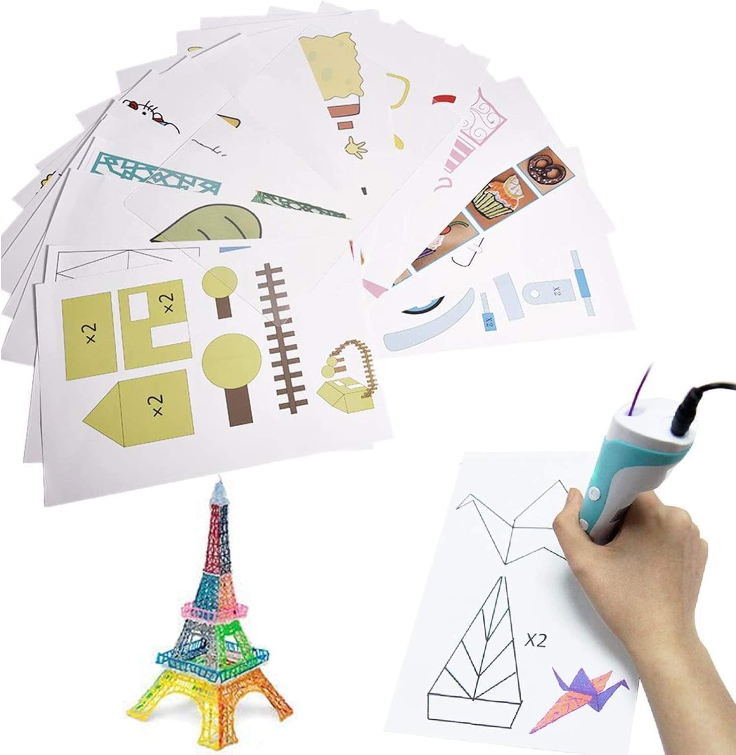 3D Printer Drawing Molds Paper Stencils for 3D Printing Pen, Printing Paper Painting Graffiti Template for 3D Pen Kids DIY Gift Present, 20 Sheets 40 Patterns with a PVC Transparent Board.