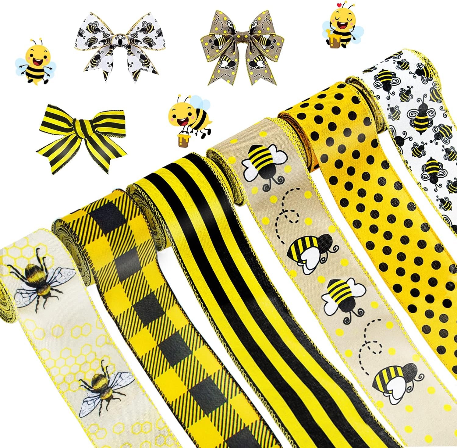 6 Rolls 40 Yards Bee Ribbon Wired Edge Ribbon Honeybee Ribbon for Crafts Wrapping Easter Party Decorations Bee Themed Decorations Bee Baby Birthday Party Supplies