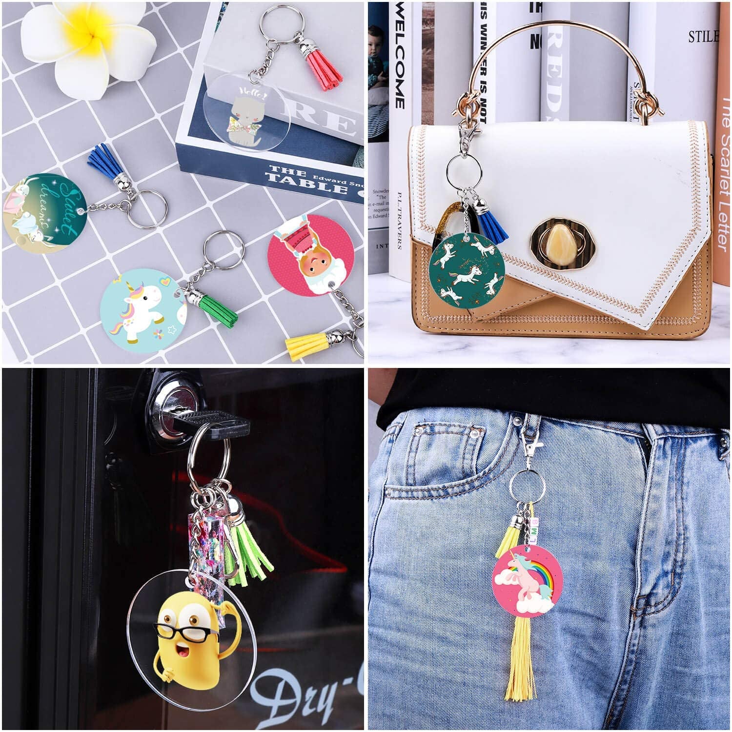 120Pcs Acrylic Keychain Blanks for Vinyl Kit Including 30Pcs Clear Acrylic Blanks, 30Pcs Keychain Tassels, 30Pcs Key Rings and 30Pcs Jump Rings for DIY Key Chain Vinyl Crafting