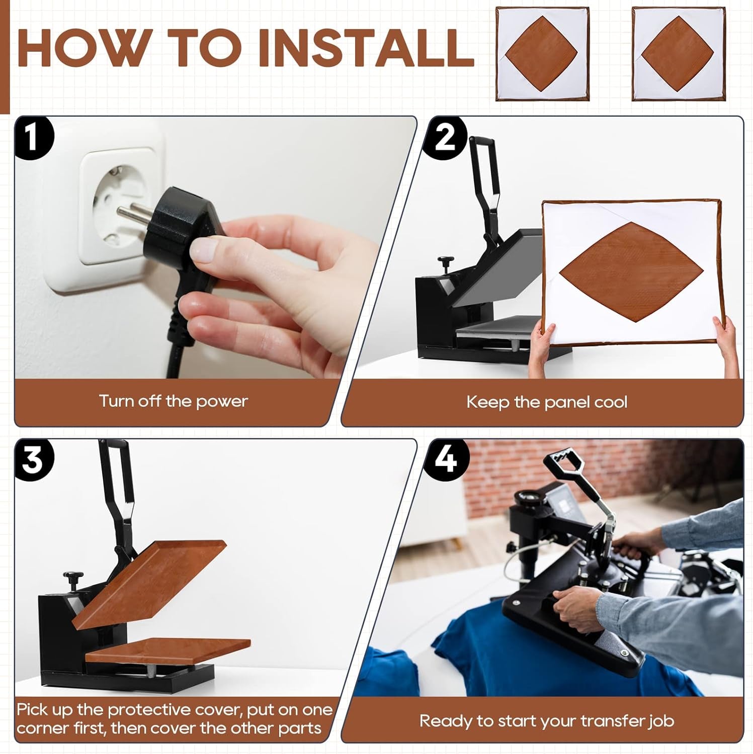 2 Pcs Wrap Cover for Heat Press Platen, 15 X 15 Inch Heat Resistant Reusable Sheets Pad Mat Pillow Protector for Sublimation Heat Pressing Machine Brown and White