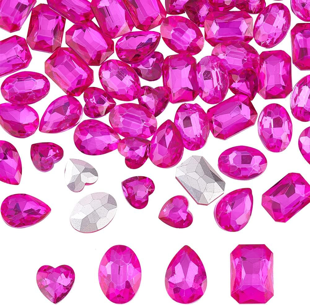 64 Pcs 4 Shapes Pointed Back Rhinestone 18Mm Glass Rhinestones Gems Fuchsia Rectangle/Teardrop/Heart/Oval Jewels Embelishments with Silver Plated Back Crystals Stones for Jewelry Making