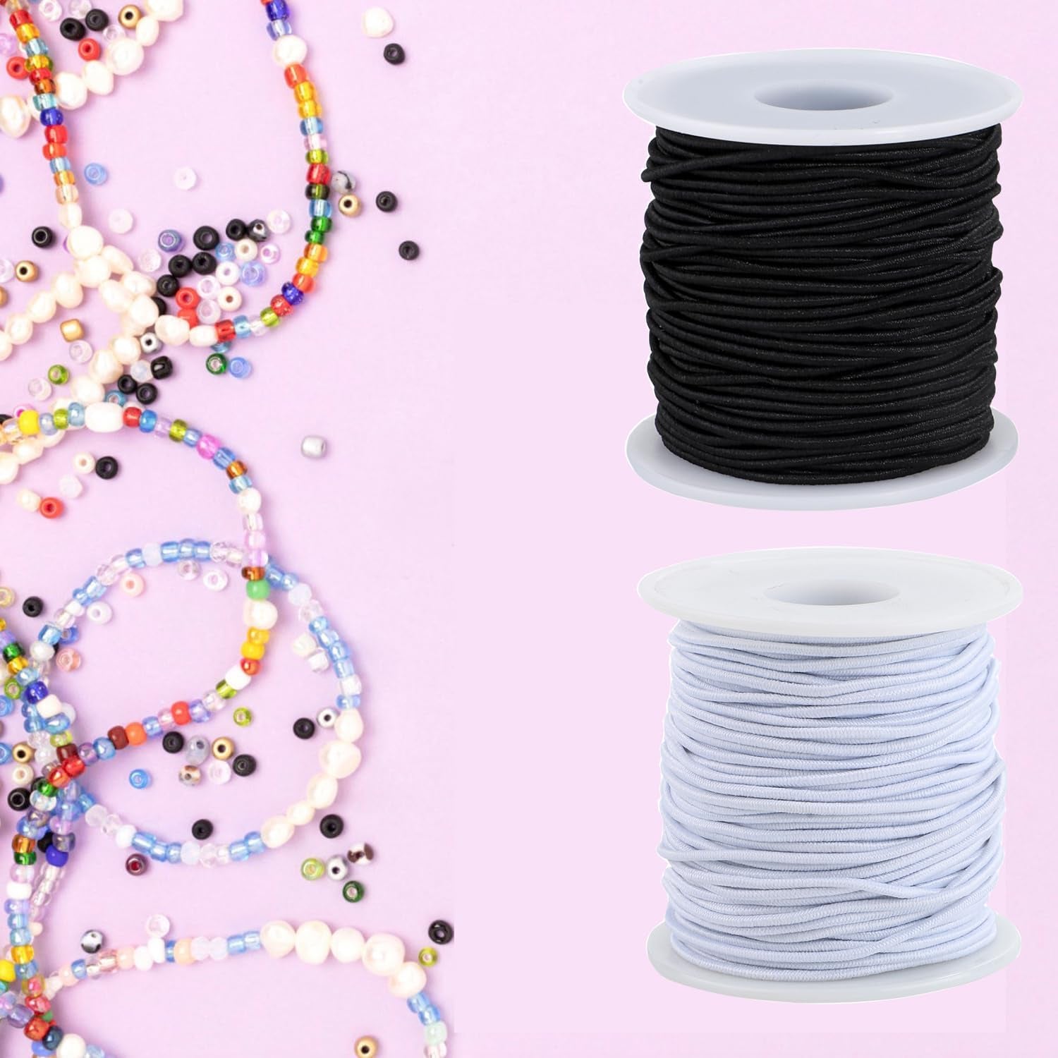 Stretchy Bracelet String, 2 Rolls 1.5 Mm Elastic String Cord for Bracelets,Jewelry Making, Necklaces, Beading and Crafts (Black&White)