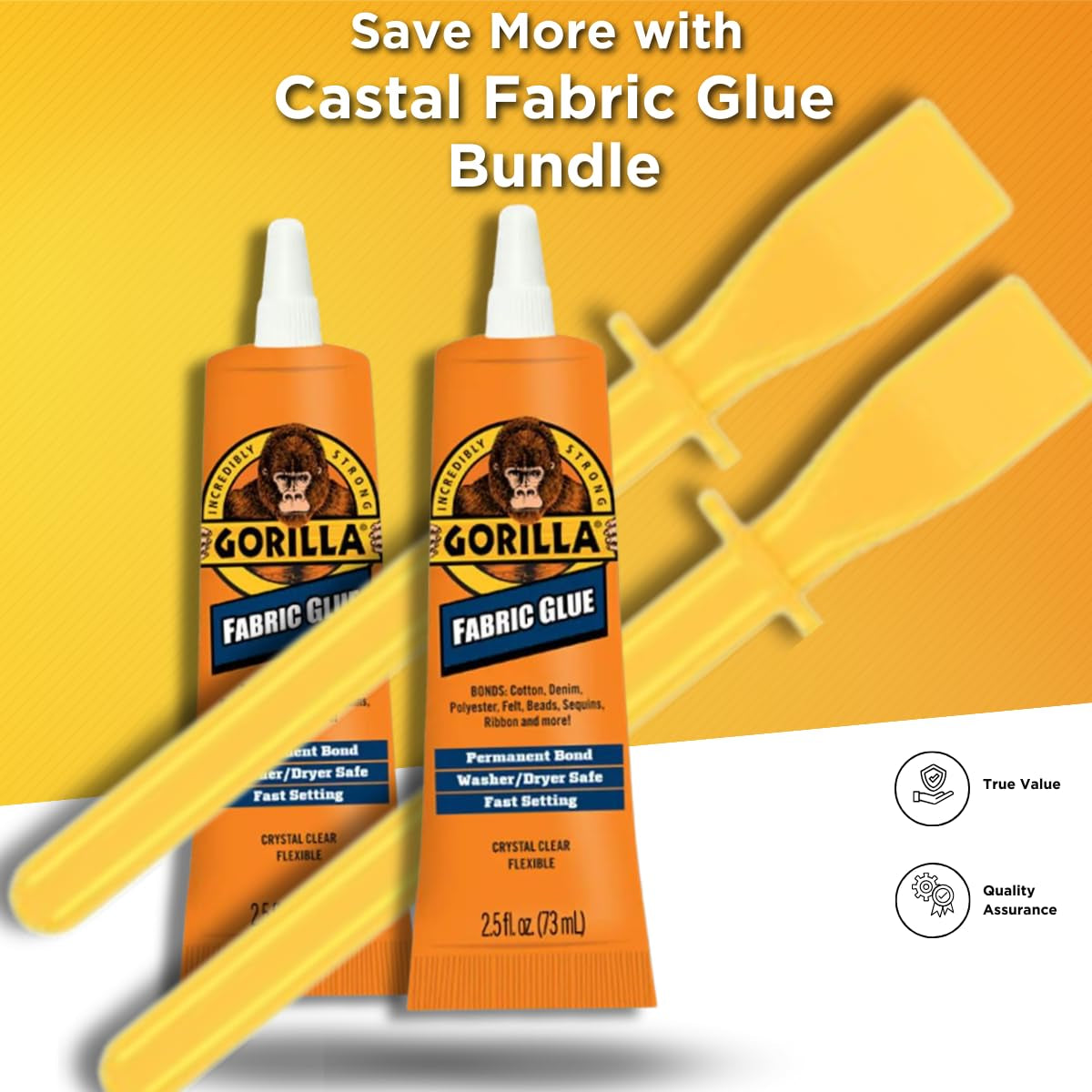 Gorilla Fabric Glue 2.5OZ - 2 Packs with Glue Spreaders | Fabric Fusion, Clothing, and Upholstery Glue | Permanent Clear Liquid Stitch Fabric Glue for Patches on Clothing