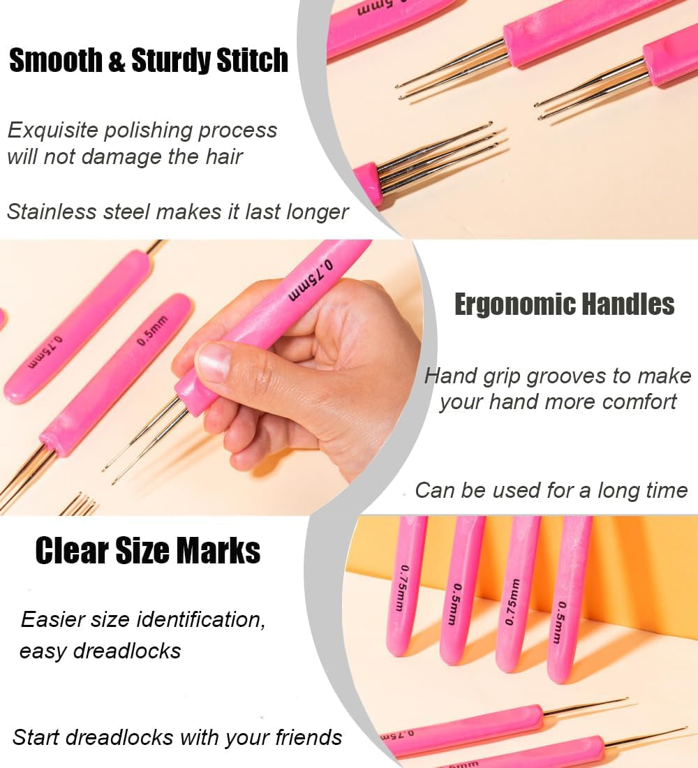 Dreadlock Crochet Hooks for Hair 0.5Mm,Locs Crochet Needle Dreads,Soft Ergonomic Handles Grip,2 Pieces Hair Interlocking Tool for Braid Craft (6 Crochet Hooks for Hair)