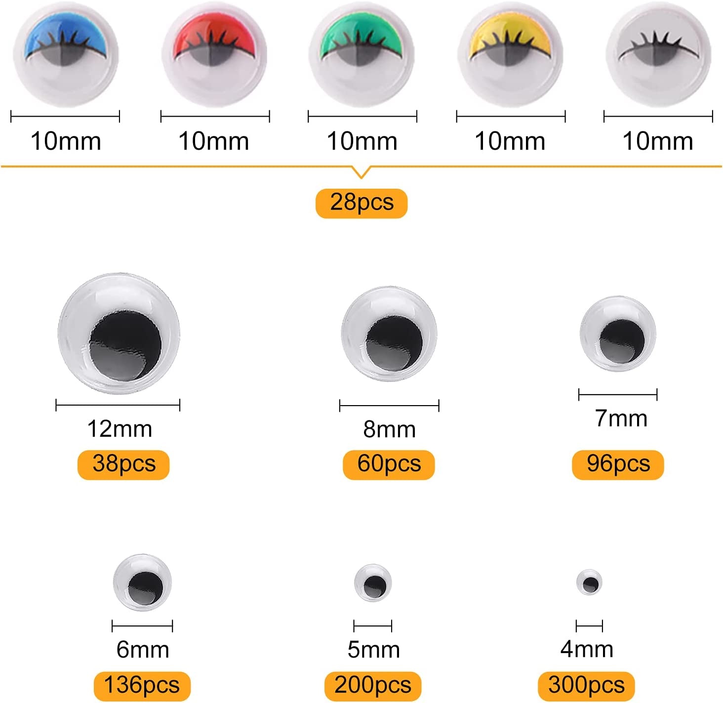 800Pcs 4Mm-12Mm Googly Eyes Self Adhesive Wiggle Eyes for Art Craft Supplies, Doll Making and Scrapbooking,7 Size