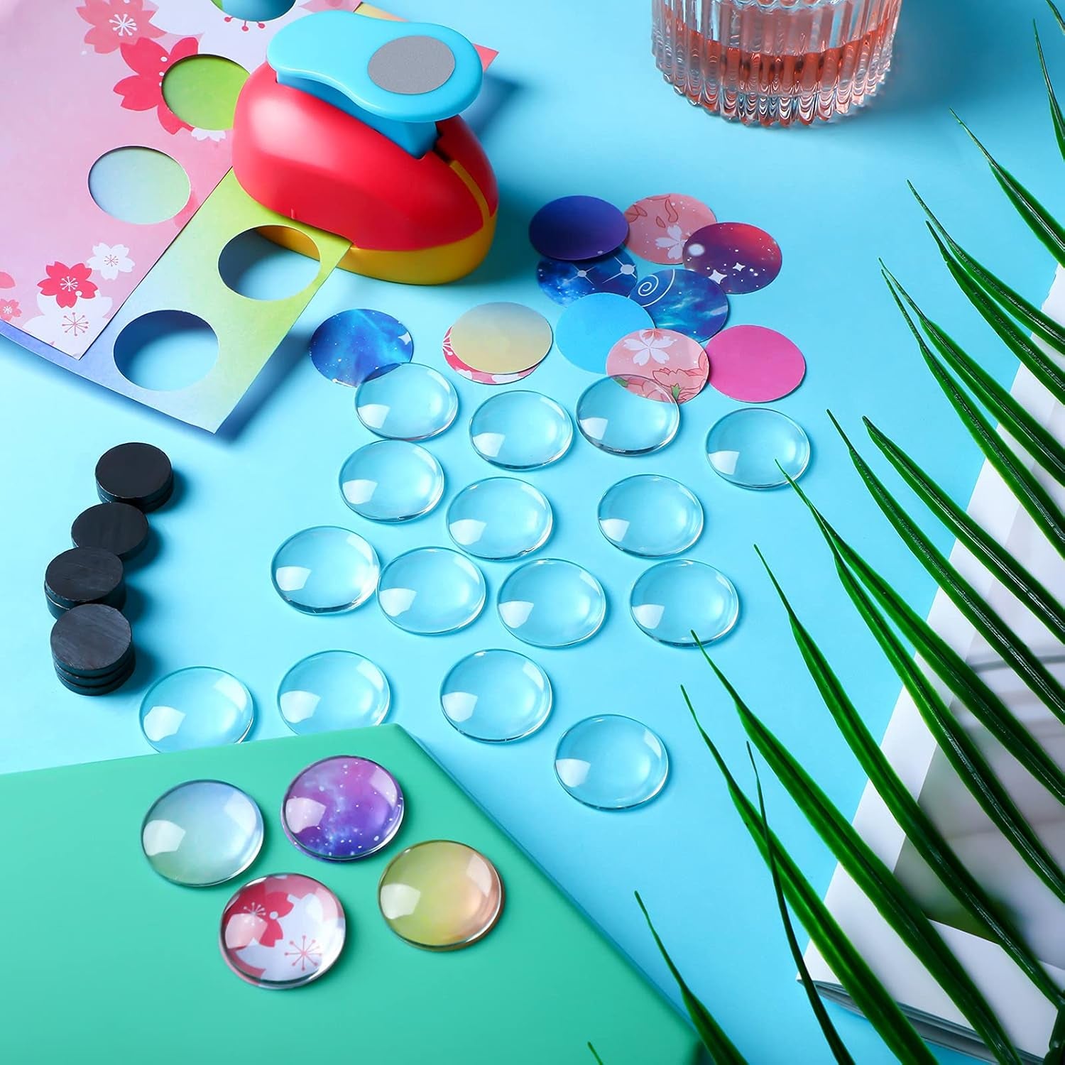 41 Pieces Fridge Magnets Craft Set Include Craft 1-Inch Paper Punches round Disc Ferrite Ceramic Magnets with Transparent Glass Cabochons for Craft DIY Fridge Office Locker Whiteboard Making