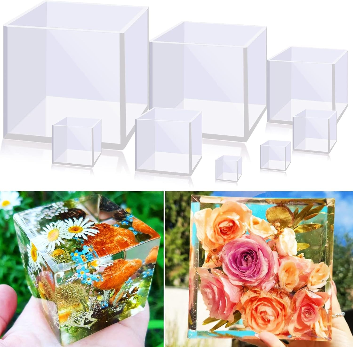 8Pcs Large Square Resin Molds Silicone, Upgraded Cube Silicone Molds for Resin Casting with Wooden Support, Square Epoxy Resin Molds for Home Decor, Flowers Preservation