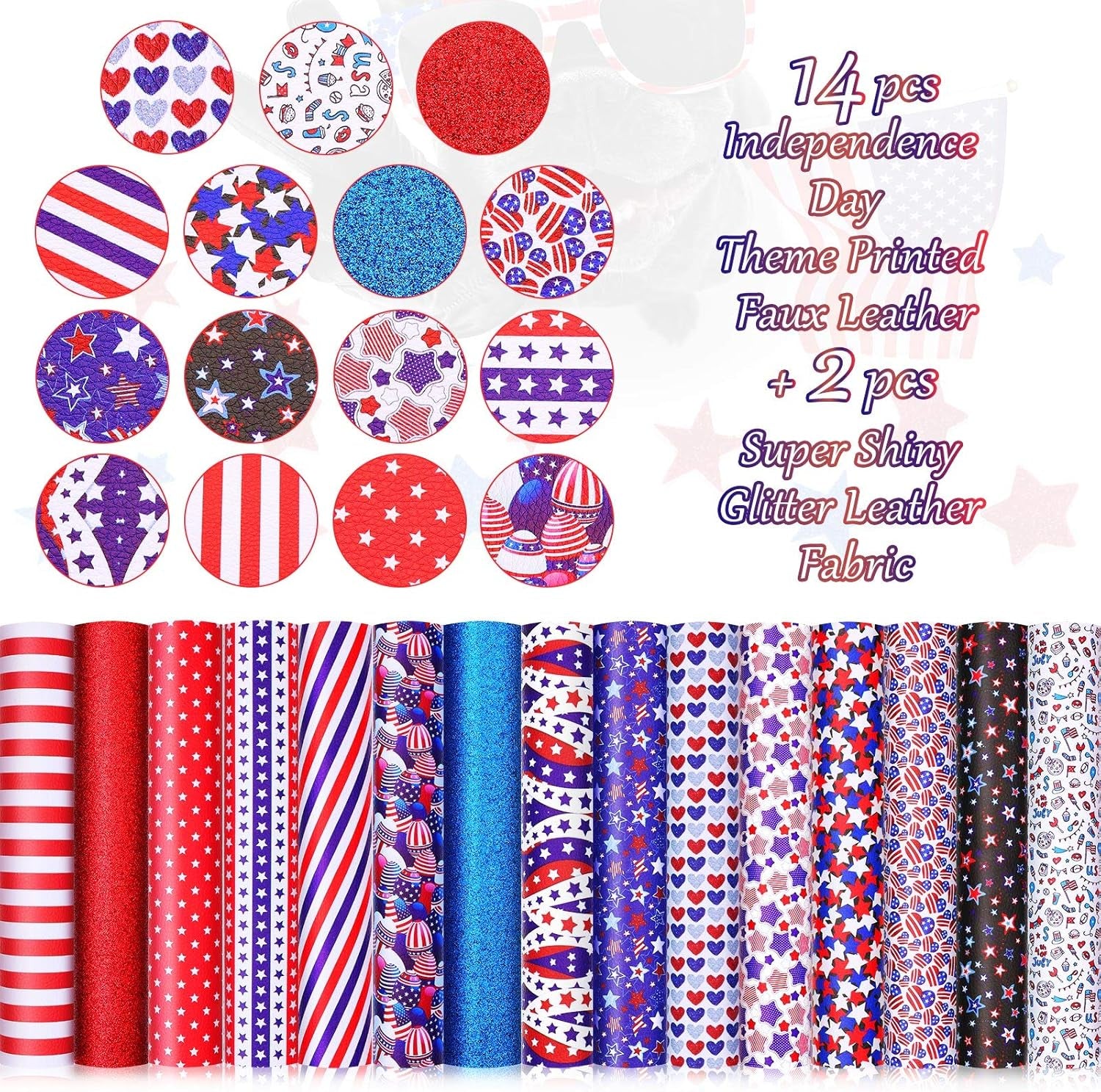 15 Pieces Labor Day American Flag Faux Leather Sheets Glitter Sequins Synthetic Leather Sheets DIY Faux Leather Fabric Making Earrings Bows DIY Crafts, 8.3 X 6.3 Inch (Classic Style)