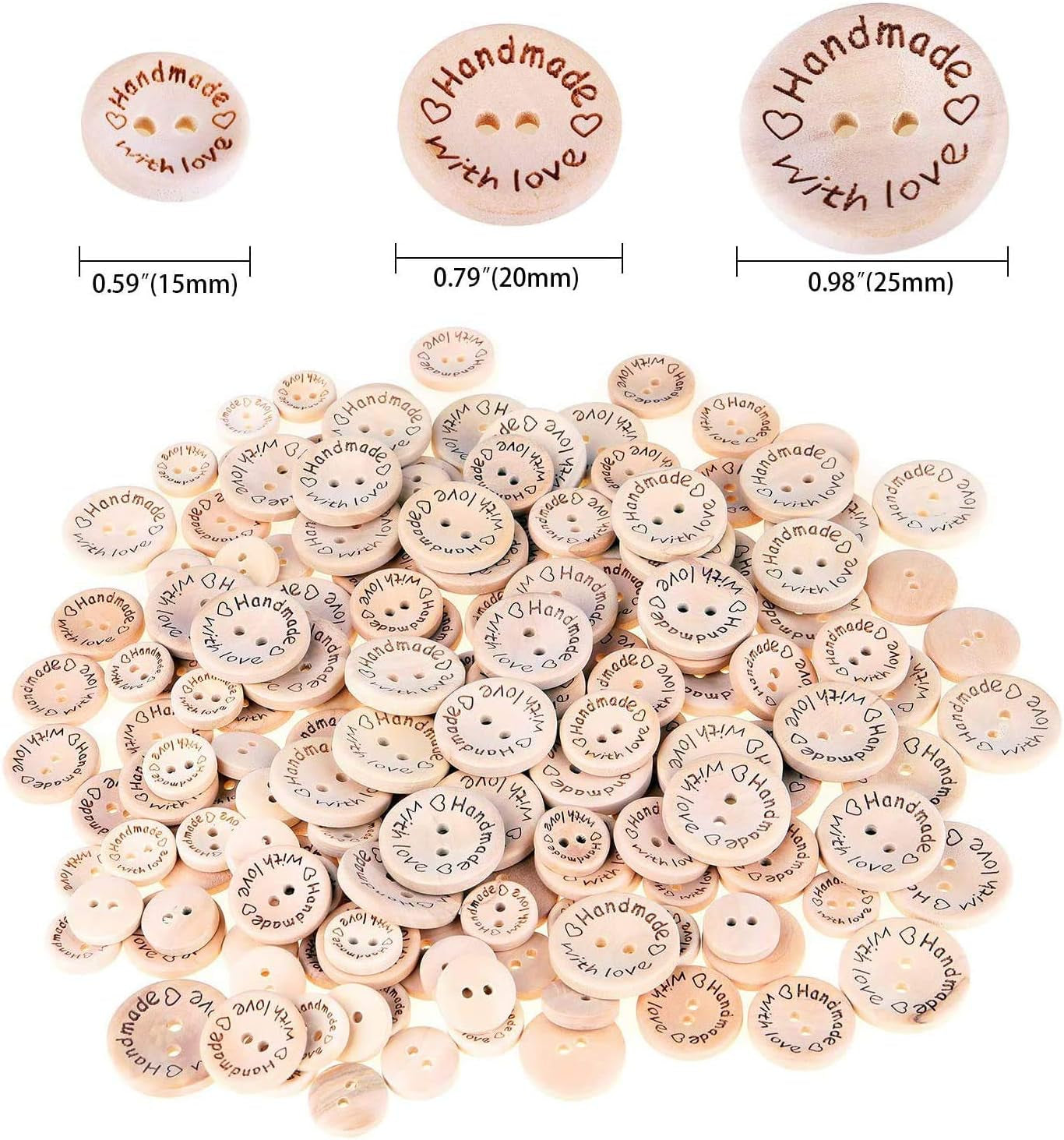 300 Pieces Wooden Handmade with Love round Craft Decor 2 Holes Wooden Sewing Buttons (15,20,25Mm)