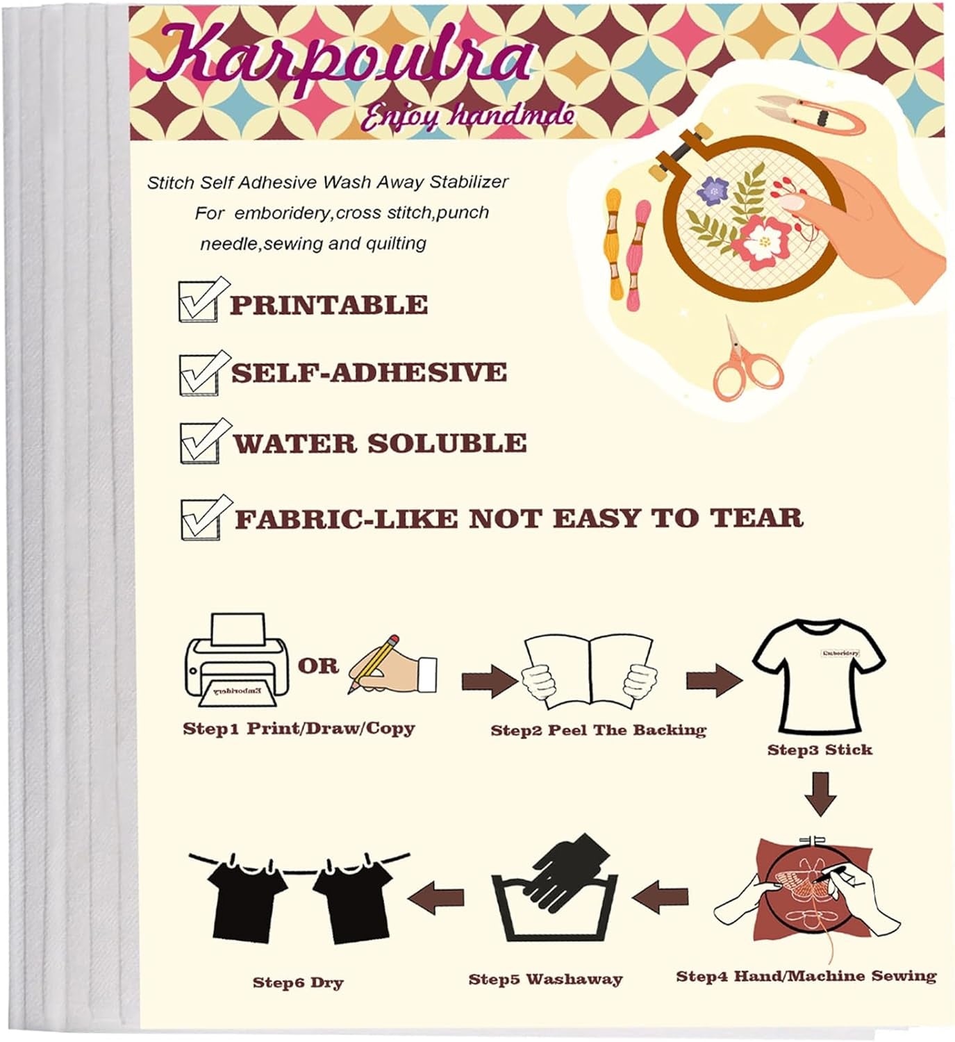 6 Sheets 8.5"X11" Sticky Water Soluble Embroidery Stabilizer, Dissolvable Printable Self Adhesive Wash Away Stabilizer for Print or Draw Patterns Hand Machine Embroidery