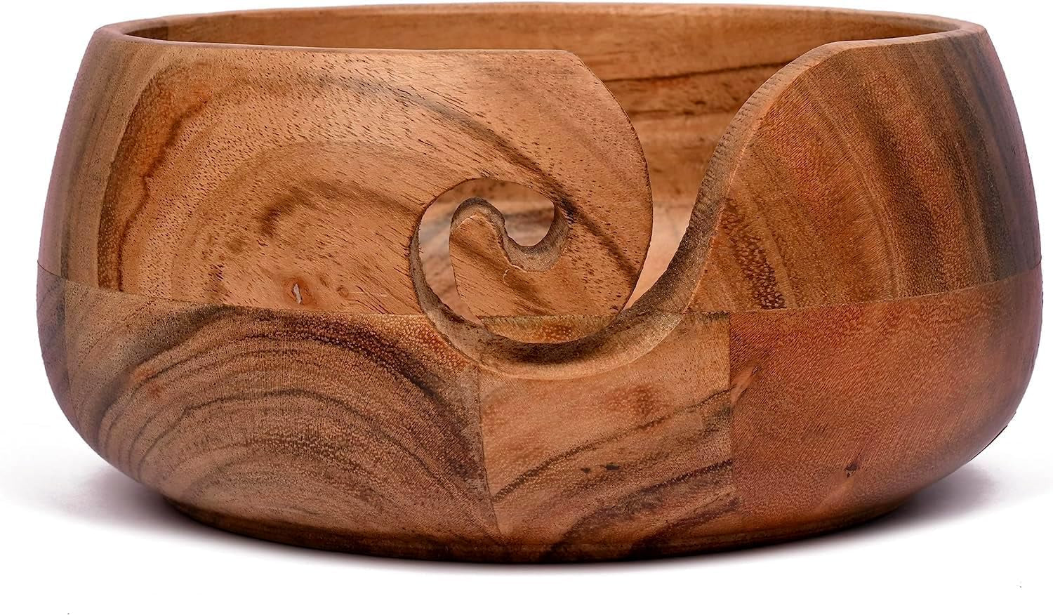 Acacia Wood Wooden Yarn Bowl for Crocheting &amp; Knitting Hand Made by Indian Artisans Birthday Gifts for Mom &amp; Knitting Lovers (6" X 6" X 3")