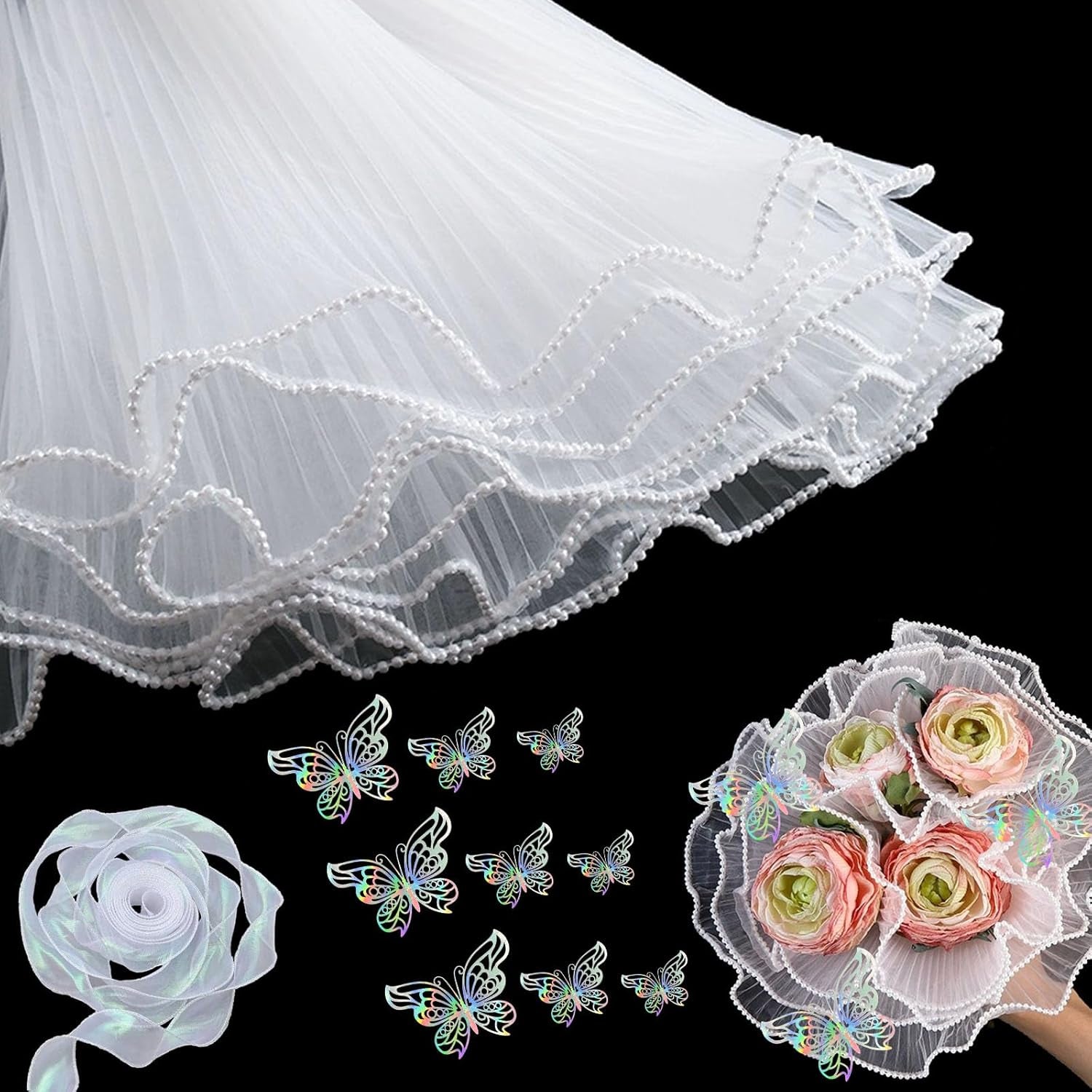 Black Flower Wrapping Paper Kit - 4.37 Yards Pearl Lace Mesh for Bouquets, Wave Tulle with Ribbons and 3D Butterflies - Floral Wrap Florist Supplies (Black)