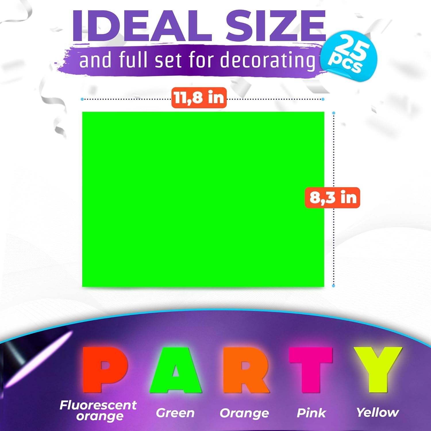 25 Sheets Neon Paper - Glow in the Dark Papers Neon Cardstock DIY Dance Floor Fluorescent Black Light UV Reactive - Neon Party Decorations Cardstock Colored Paper Neon Birthday Party Sheets 5 Colors
