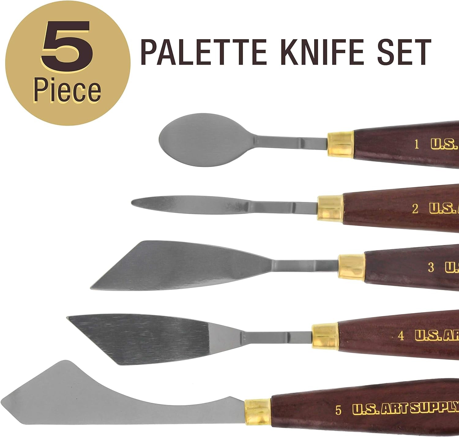 5-Piece Artist Stainless Steel Palette Knife Set - Wood Hande Flexible Spatula Painting Knives for Color Mixing Spreading, Applying Oil, Acrylic, Epoxy, Pouring Paint on Canvases, Cake