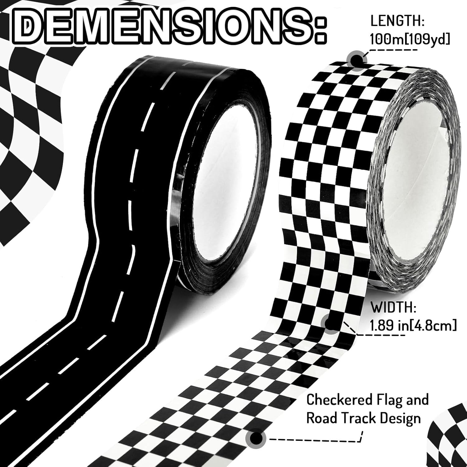 2 Rolls Checkered Flag and Road Track Tapes 109 Yards Black White Buffalo Tapes Decorative Race Car Road Tapes Packing Tapes for Birthday Scrapbook Box DIY Crafts