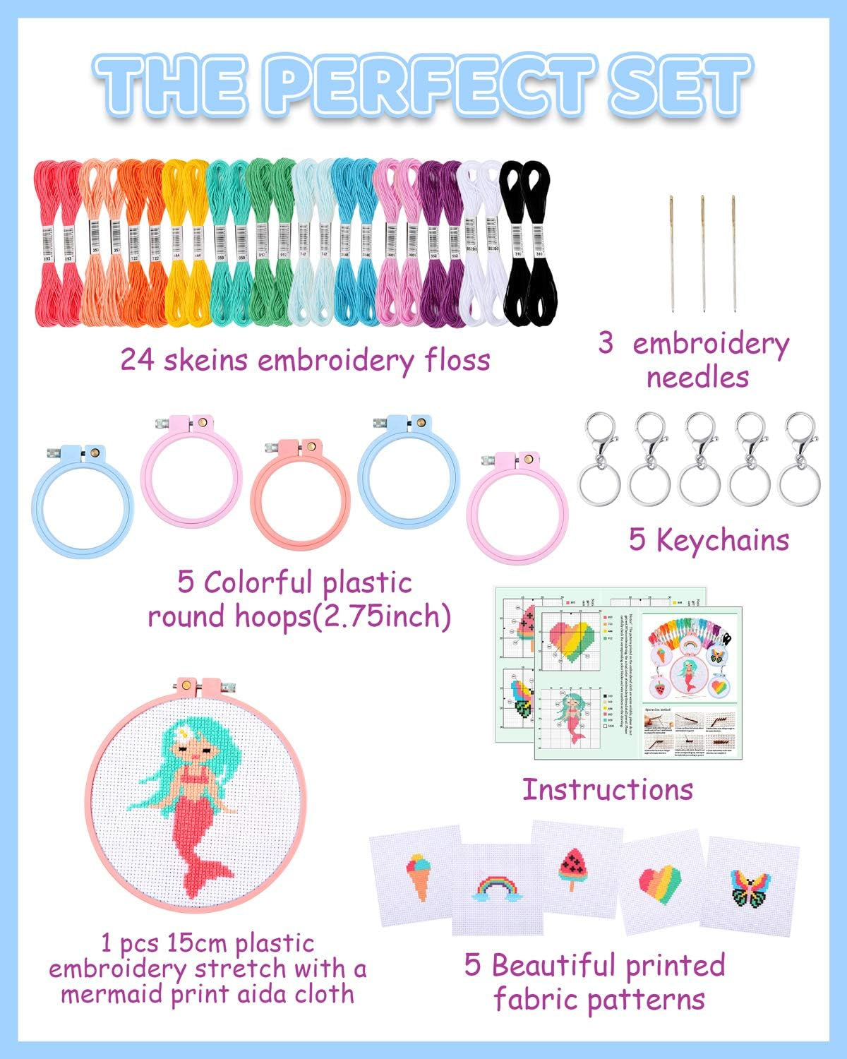 6 Pcs Cross Stitch Kits for Beginners for Kids 7-13, Kids Embroidery Kit Needlepoint Kit Arts and Crafts Kit with Instructions for Backpack Charms, Ornaments and Needle Craft