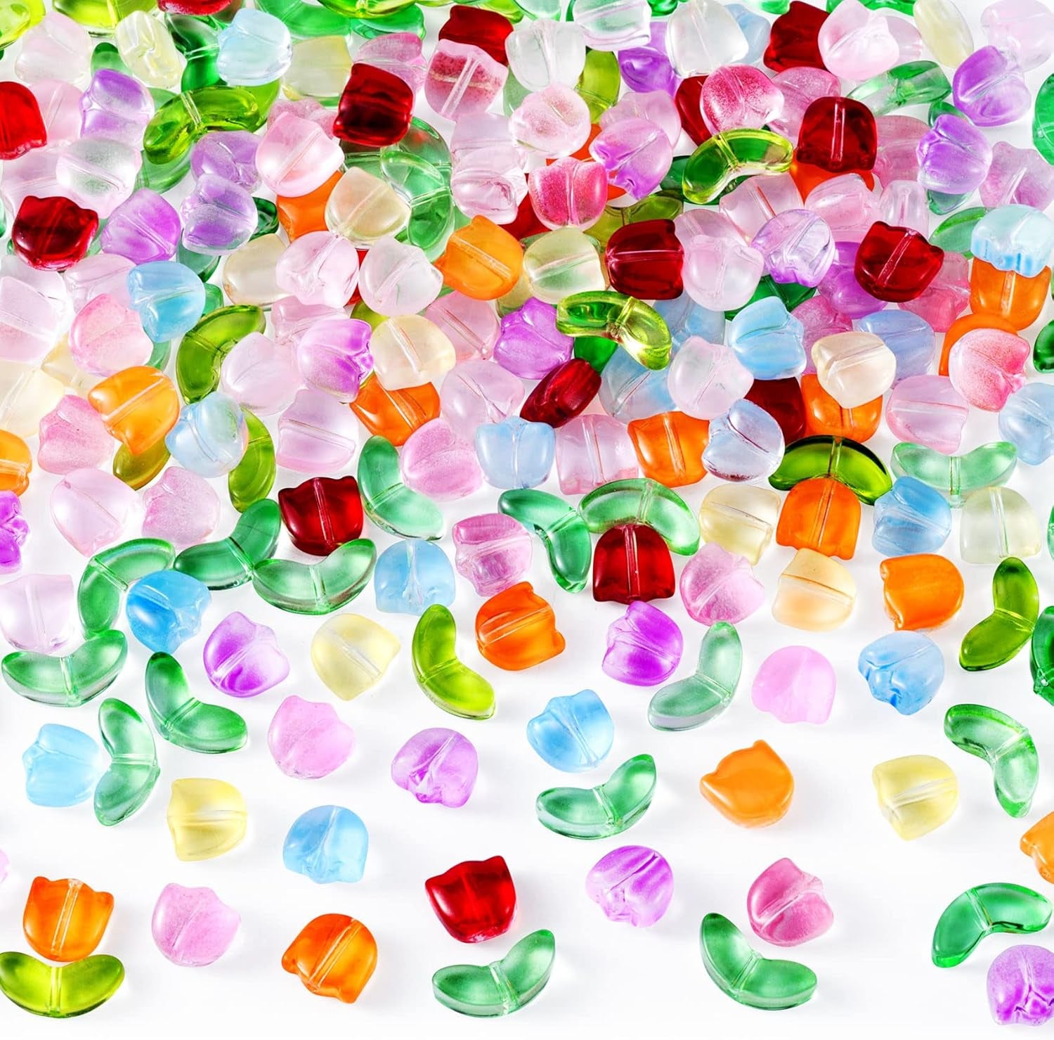 320PCS Tulip Flower Beads Glass Translucent Bracelet Beads Colorful Handcrafted Crystal Loose Glass Beads for Spring Summer DIY Jewelry Making Gifts